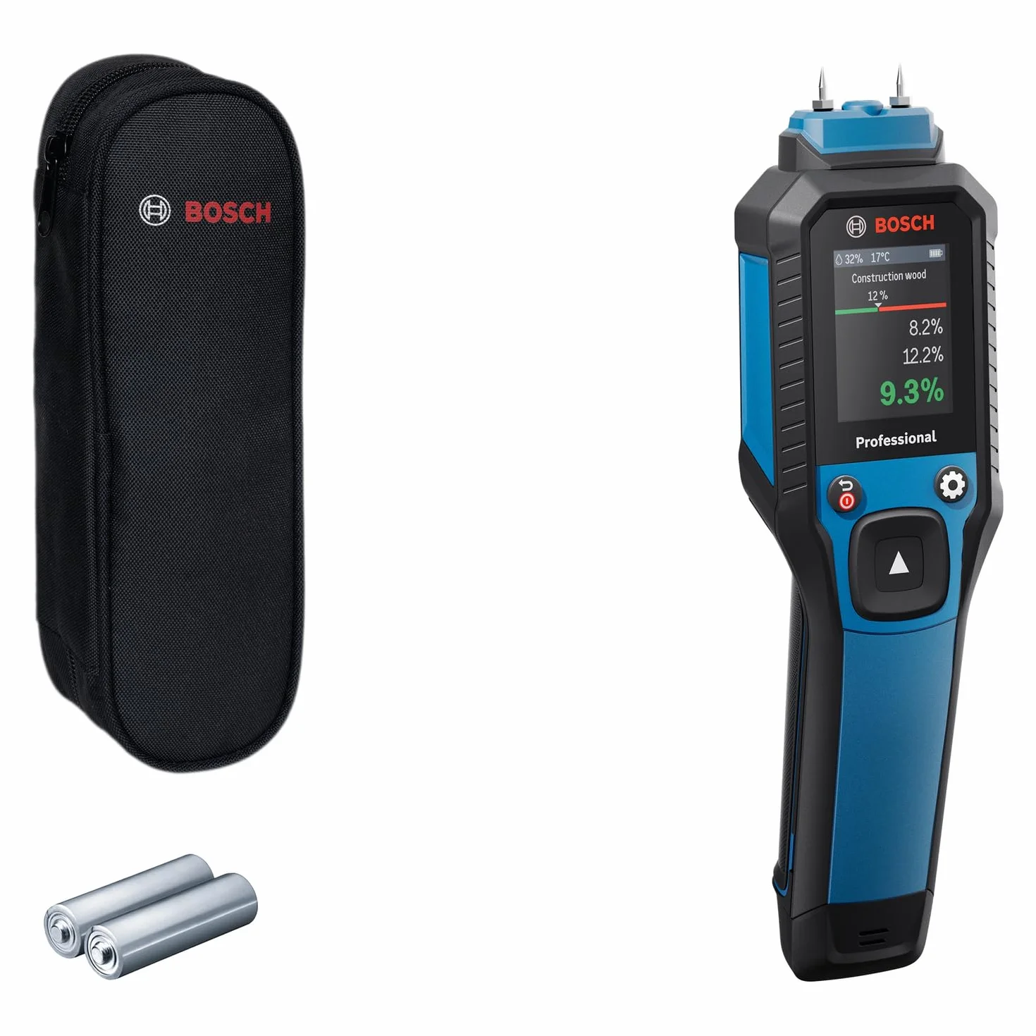 Bosch Professional Wilgotnościomierz GMP 2-15 z pinami (mierzy 37 rodzajów drewna i 10 rodzajów materiałów budowlanych, zintegrowany termohigrometr, stopień ochrony IP65, 2 baterie AA, pokrowiec)
