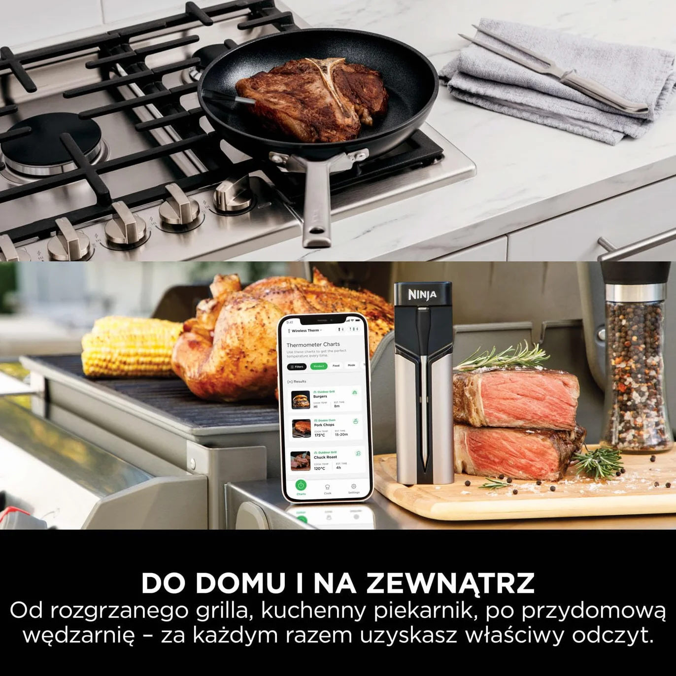 Ninja ProChef Bezprzewodowy Termometr do Mięsa, do Użytku na Zewnątrz i Wewnątrz, do Gotowania, Grillowania i Smażenia Beztłuszczowego, Wodoodporny, Zasięg Bluetooth 50 m, Bateriia na 30 h, WP100EU