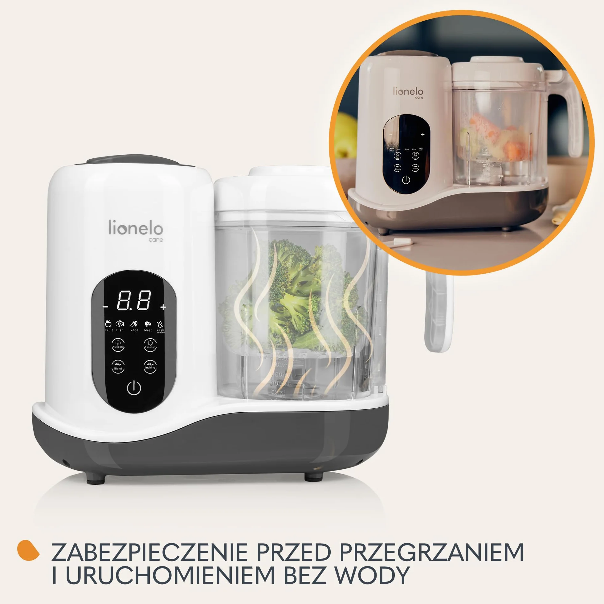 LIONELO BABYMENU Wielofunkcyjny Robot Kuchenny dla Niemowląt 300 4 Programy Gotowanie na Parze Blendowanie Podgrzewanie Rozmrażanie