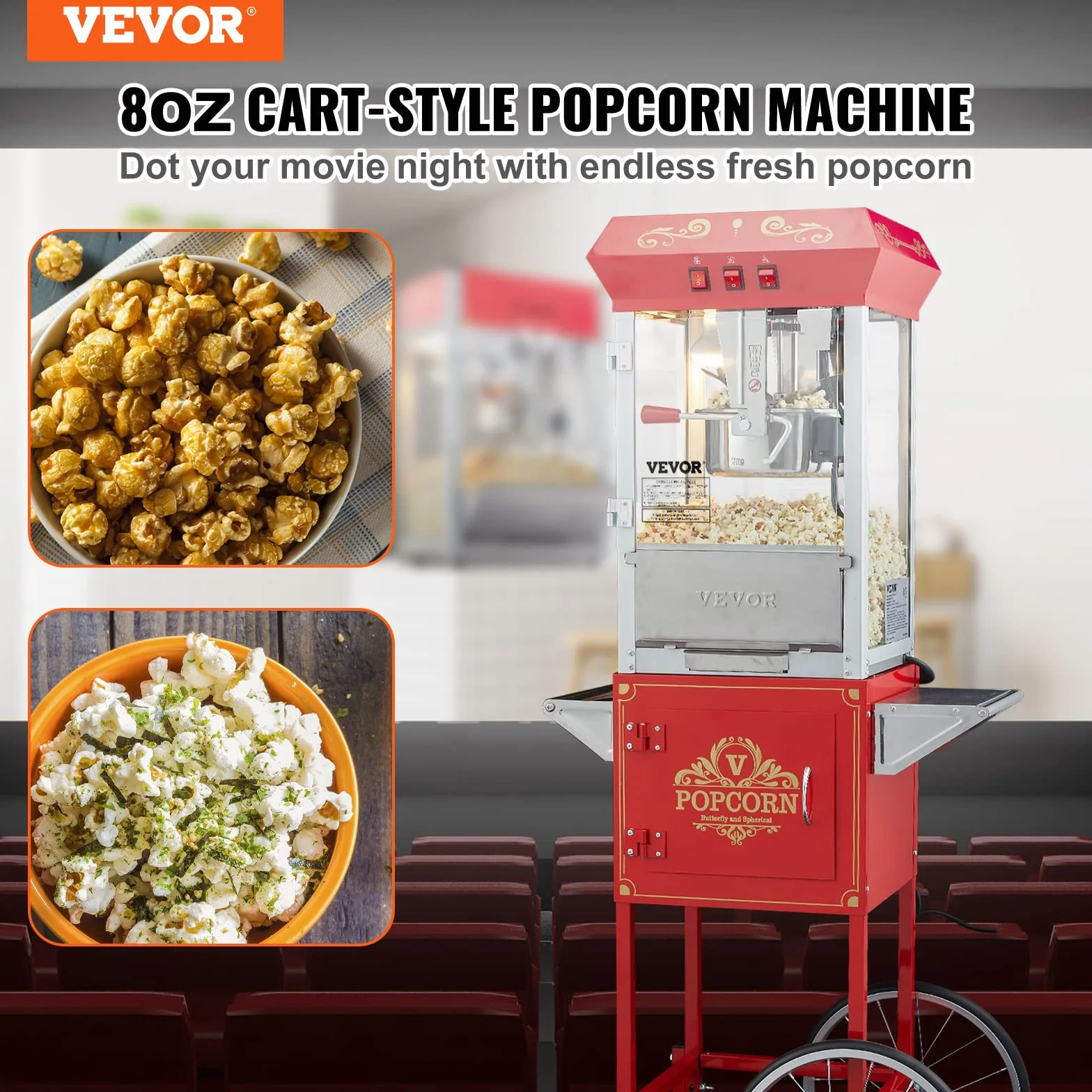 VEVOR Maszyna do popcornu z wózkiem 850 W, czajnik elektryczny 0,22 kg, 48 filiżanek, szkło hartowane