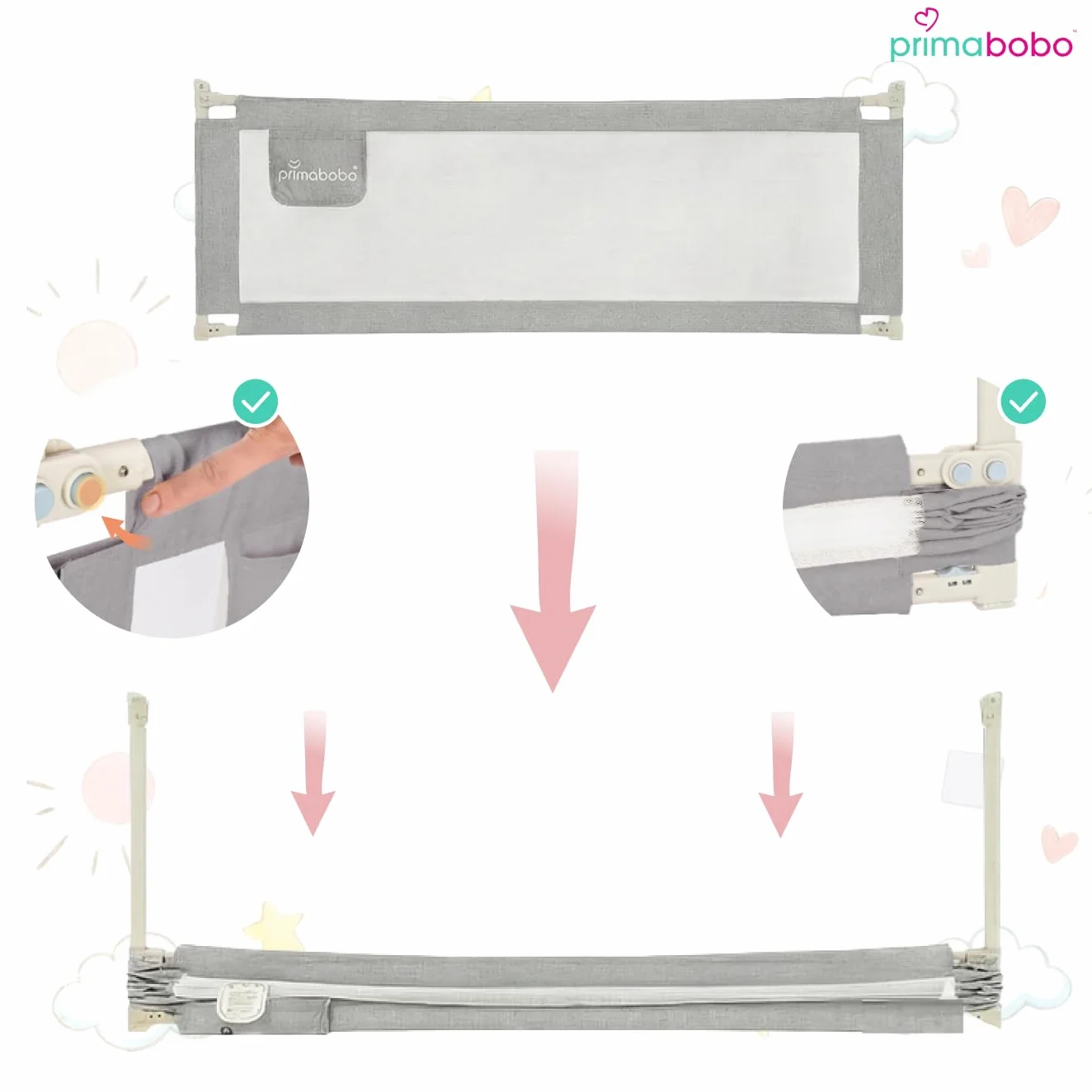Primabobo Zestaw Barierki do Łóżka Classic Szare – 2x 200 cm + 1x 140 cm, Składane, Bezpieczne, Uniwersalne, Zabezpieczenie dla Dzieci