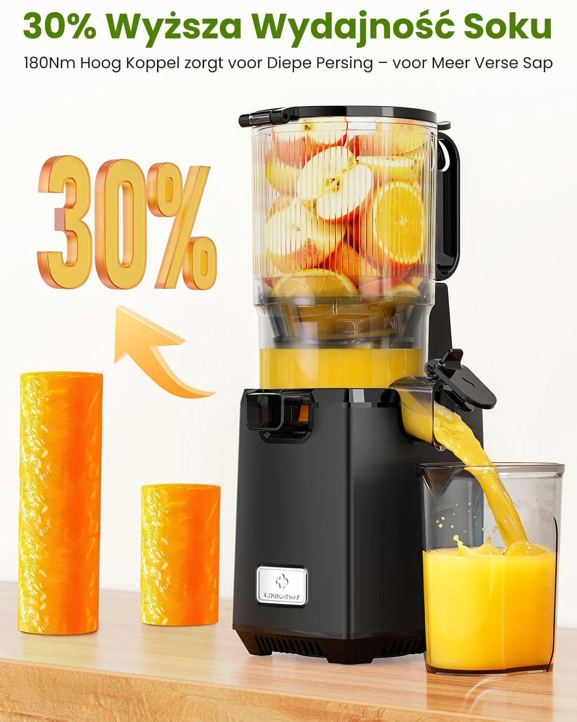 LINKChef Wyciskarka do soków na zimno 250 W 1,8 l średnica 135 mm tritan bez BPA