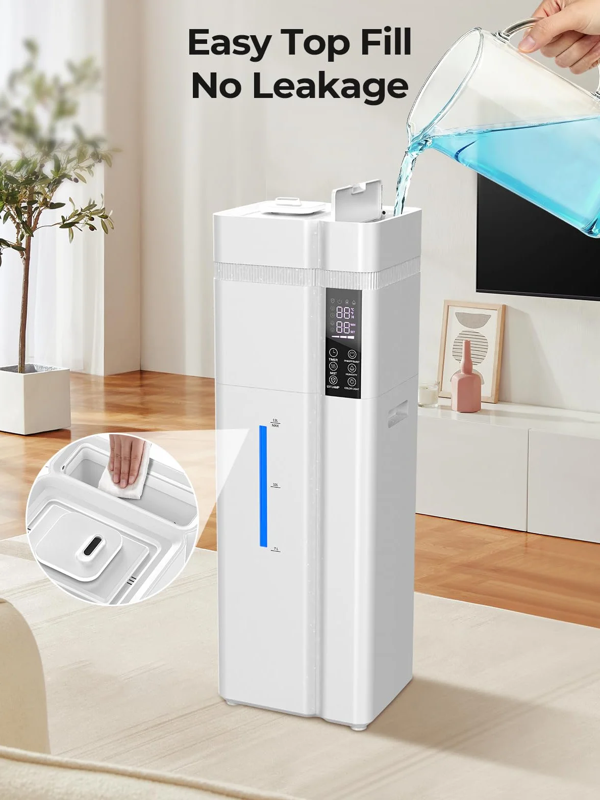 Nawilżacz 13L/53,4 cala do dużego pokoju, 74,3 m² zasięgu, 100 godzin pracy, automatyczna regulacja wilgotności, uzupełnianie z góry, nawilżacze do sypialni, 35 dB cichy, tryb snu, dyfuzor zapachowy