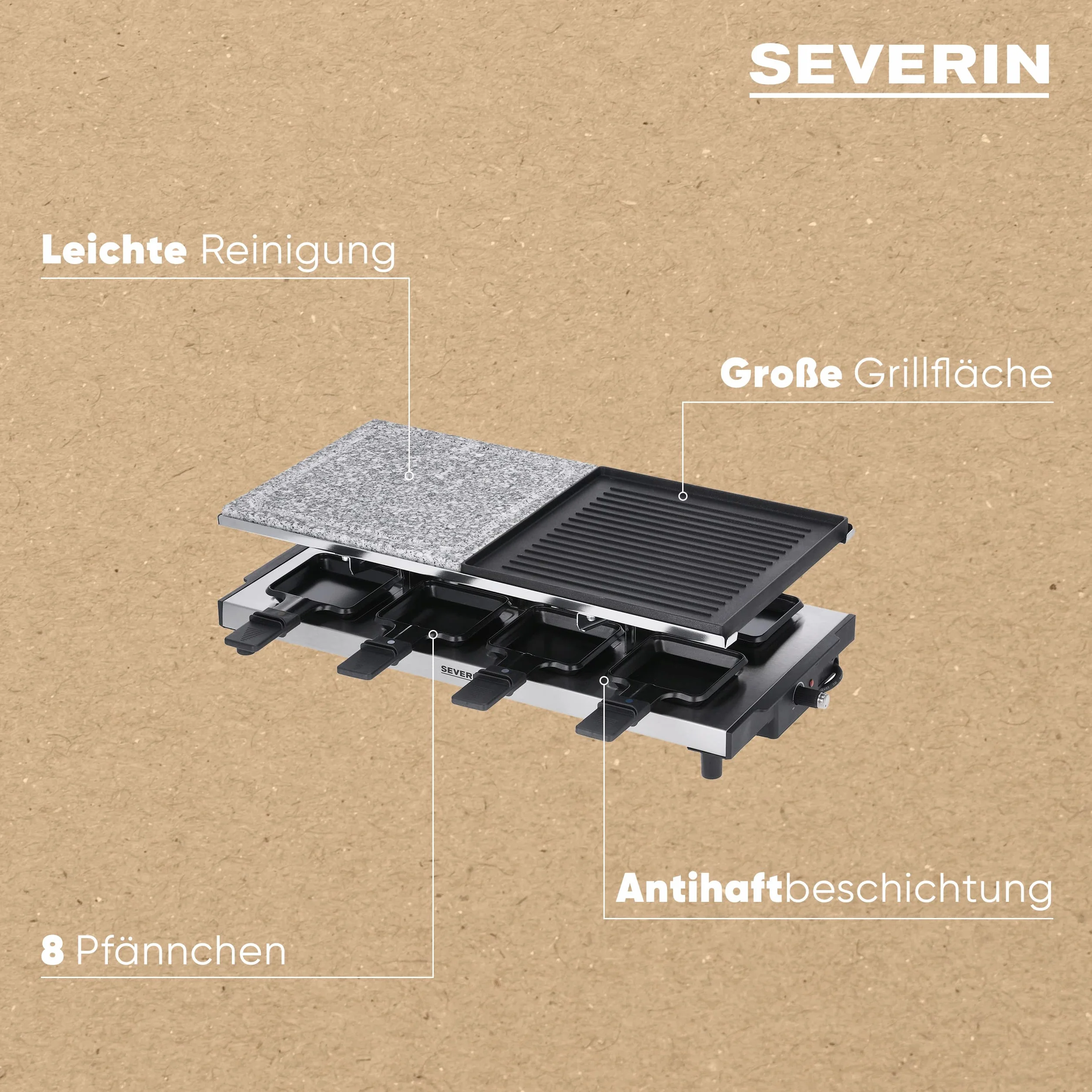 Severin 2373 RG Grill do Raclette z Naturalnym Kamieniem Grillowym, Stal Szlachetna, 1500 W, Czarny