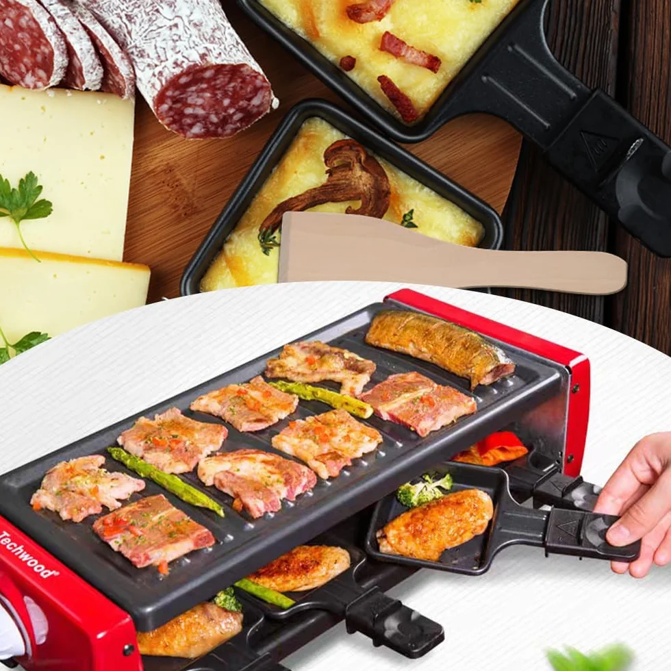 4 mini patelnie do Raclette, nieprzywierające patelnie grillowe z 4 uniwersalnymi drewnianymi łopatkami do grilla, do gotowania sera i jajek