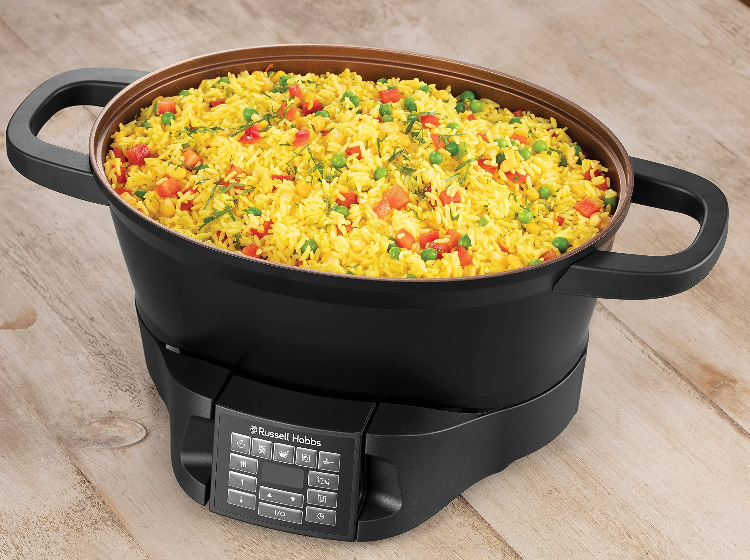 Russell Hobbs multicooker, 8 funkcji, cyfrowy programator i timer, pokrywka ze szkła hartowanego, gotowanie sous-vide, zimne uchwyty, pojemność 6,5l, moc 1000W, czarny, Good To Go 28270-56