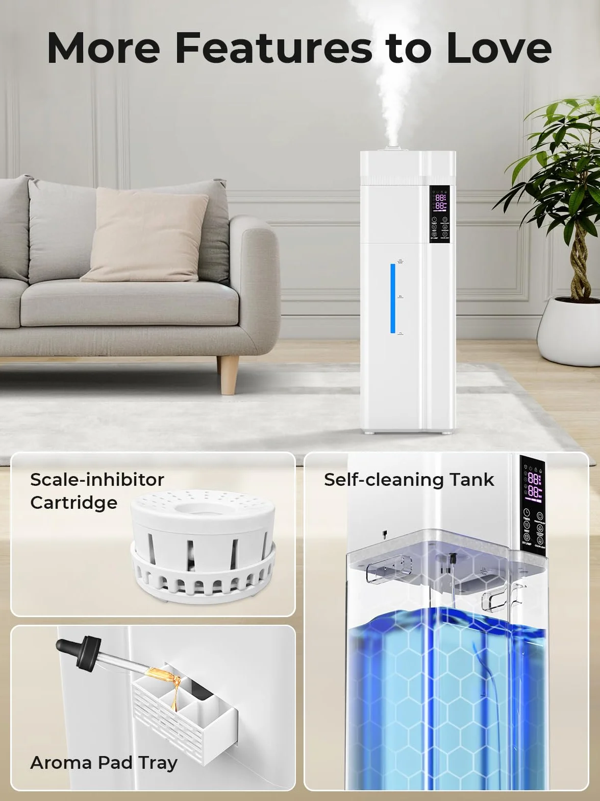 Nawilżacz 13L/53,4 cala do dużego pokoju, 74,3 m² zasięgu, 100 godzin pracy, automatyczna regulacja wilgotności, uzupełnianie z góry, nawilżacze do sypialni, 35 dB cichy, tryb snu, dyfuzor zapachowy