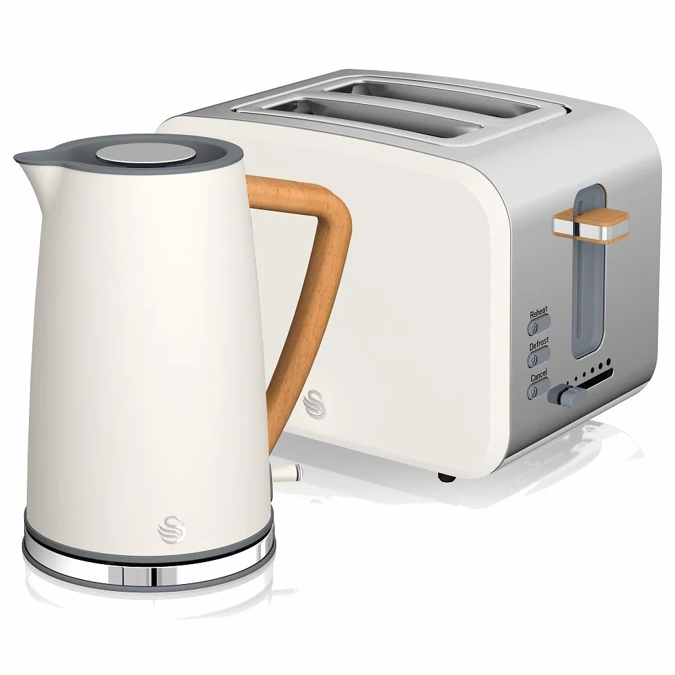 Swan Nordic Set czajnik śniadaniowy, bezprzewodowy, 1,7 l, 2200 W, szeroka szczelina, 2 kromki, 3 funkcje, nowoczesne wzornictwo, wygląd drewna, biały