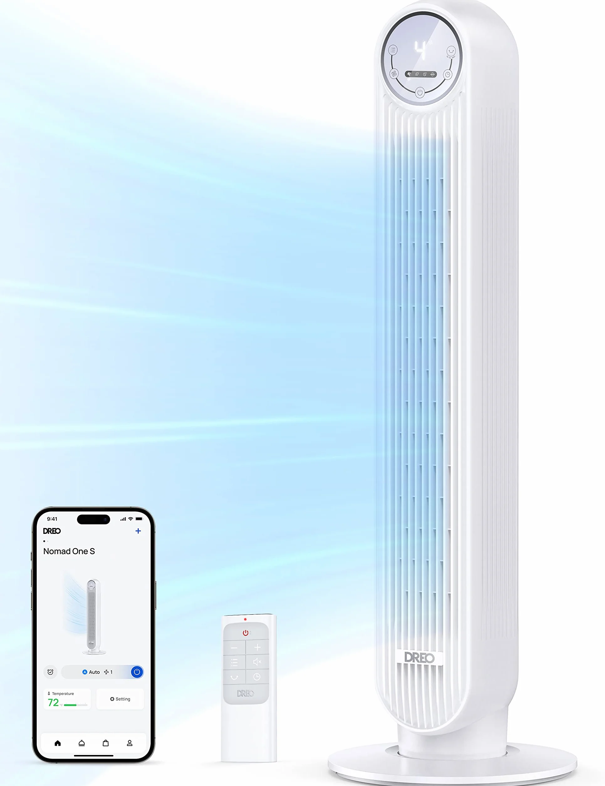 Dreo Inteligentny wentylator kolumnowy 20 dB, zasięg wyrzutu 10 m, 4 poziomy prędkości, 4 tryby pracy, 8 godzin, timer, 90°, z chłodzeniem, Wi-Fi i pilotem zdalnego sterowania, do sypialni, Nomad OneS