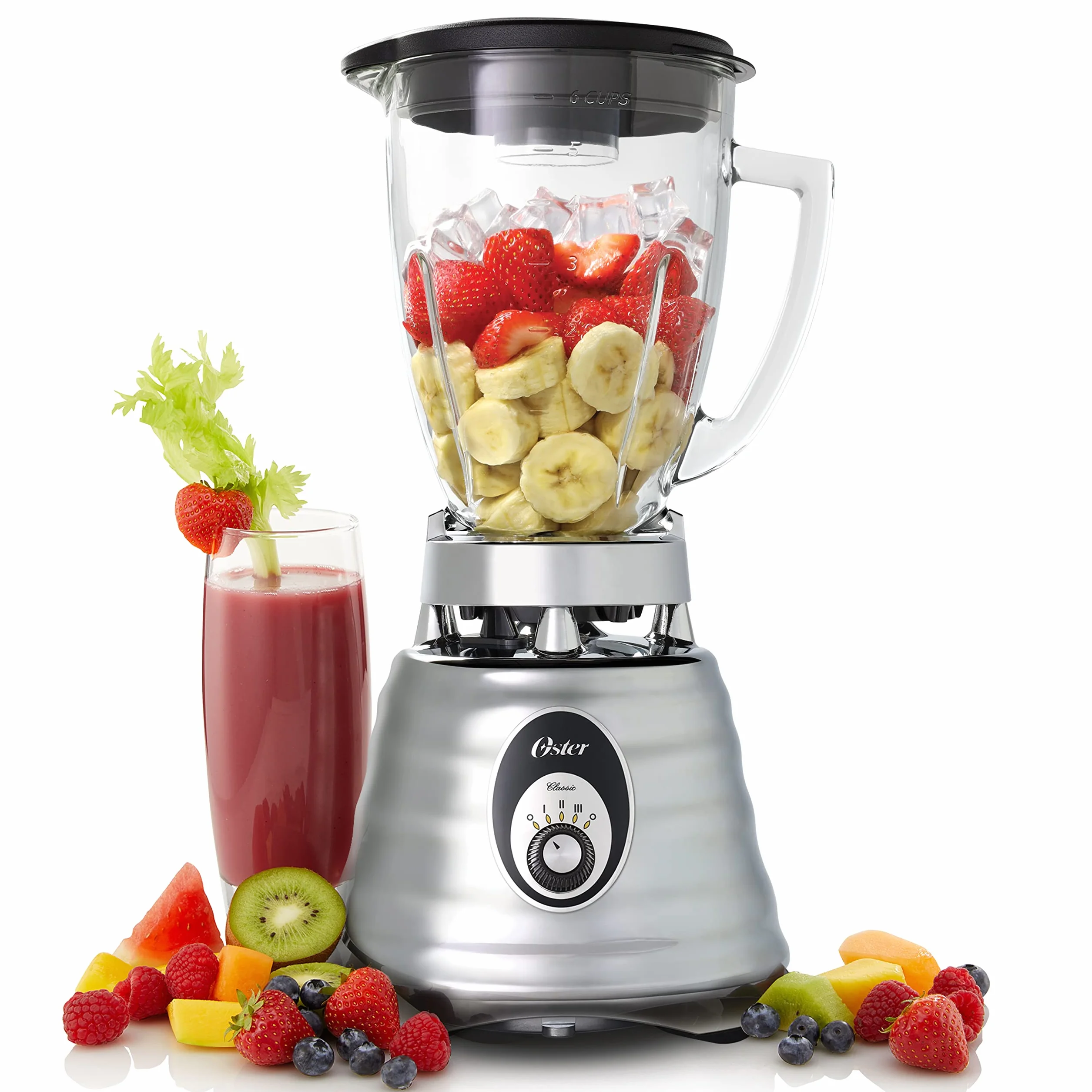 Oster Klasyczny blender z 3 prędkościami zdejmowane ostrza ze stali nierdzewnej trwała szklana miska odporna na zarysowania i zapachy 1,25 l 600 W Szara