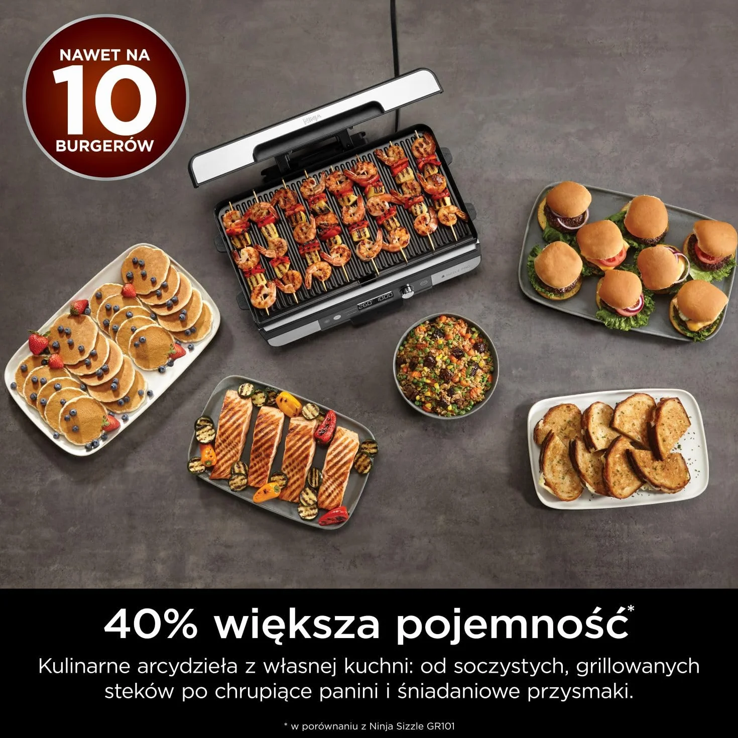 Ninja Sizzle Pro XL Grill z płytą płaską ma płytę grillową z nieprzywierającą powłoką ceramiczną i płaską płytę górną, zdejmowaną pokrywę, tackę na tłuszcz i książkę kucharską, srebrny/czarny GX101EU