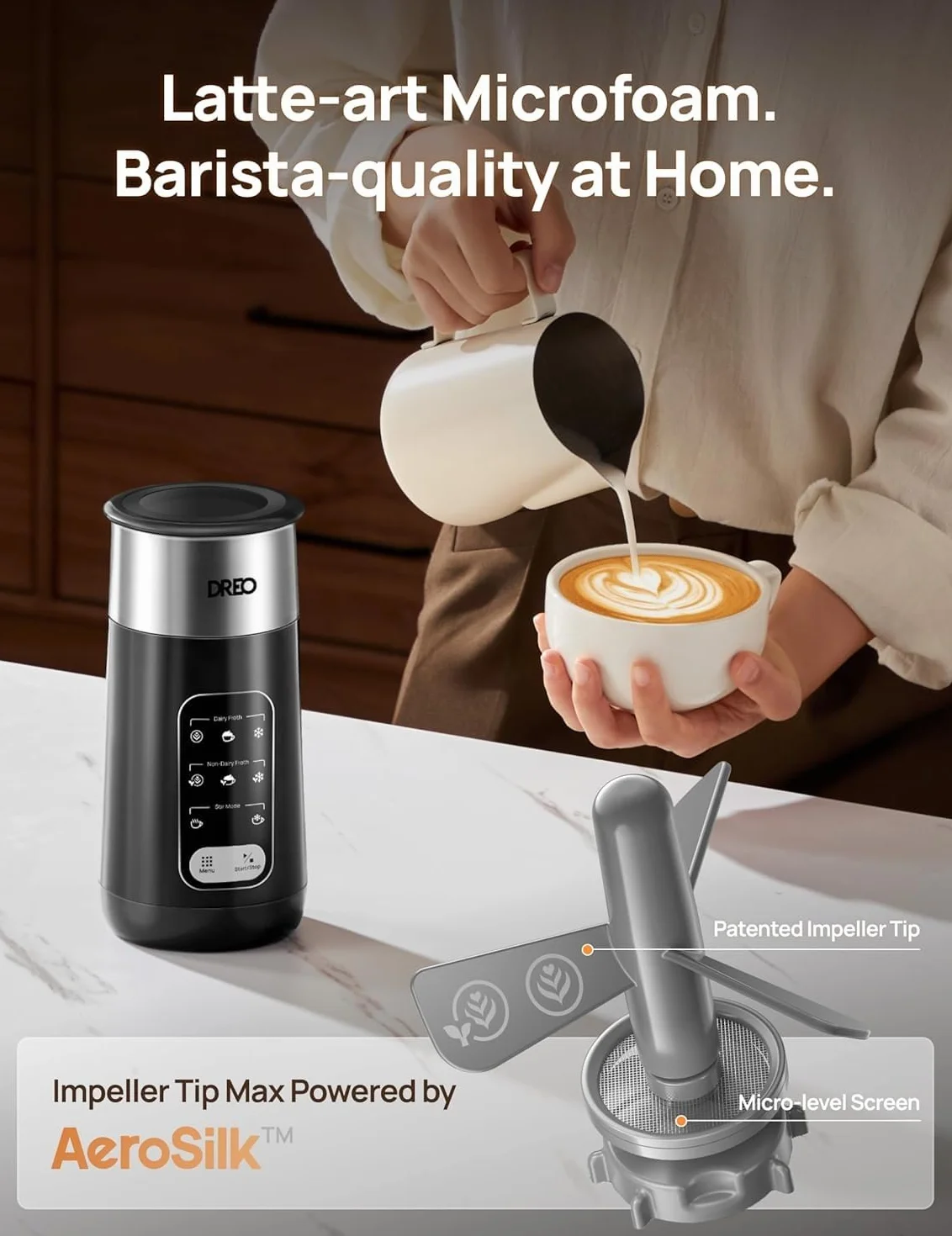 Dreo Spieniacz do mleka, elektryczny spieniacz 8 w 1, do kawy Latte Art, 270 ml, gorąca i zimna pianka, automatyczny podgrzewacz do mleka mlecznego i niemlecznego z diodami LED, łatwy do czyszczenia,