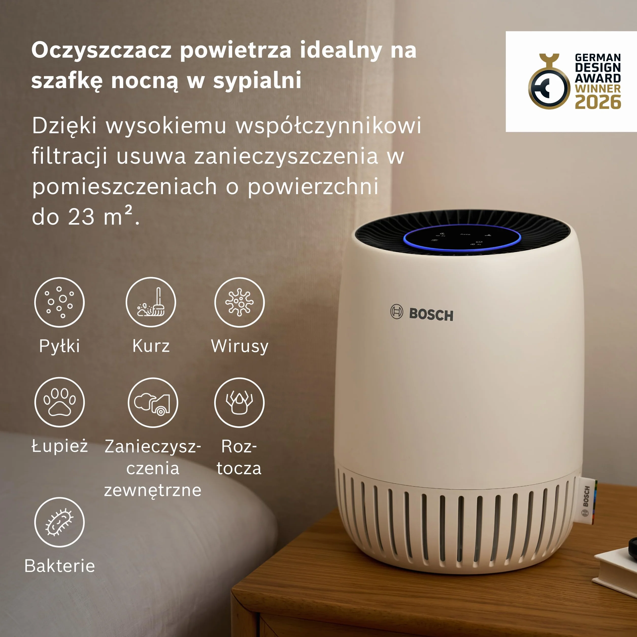 Bosch Air 1000 Oczyszczacz Powietrza – Usuwa zanieczyszczenia, zawiera filtr powietrza i tryb cichej pracy (< 25 dB(A)) – do powierzchni do 23 m² – z trybem automatycznym – CADR: 100 m³/h