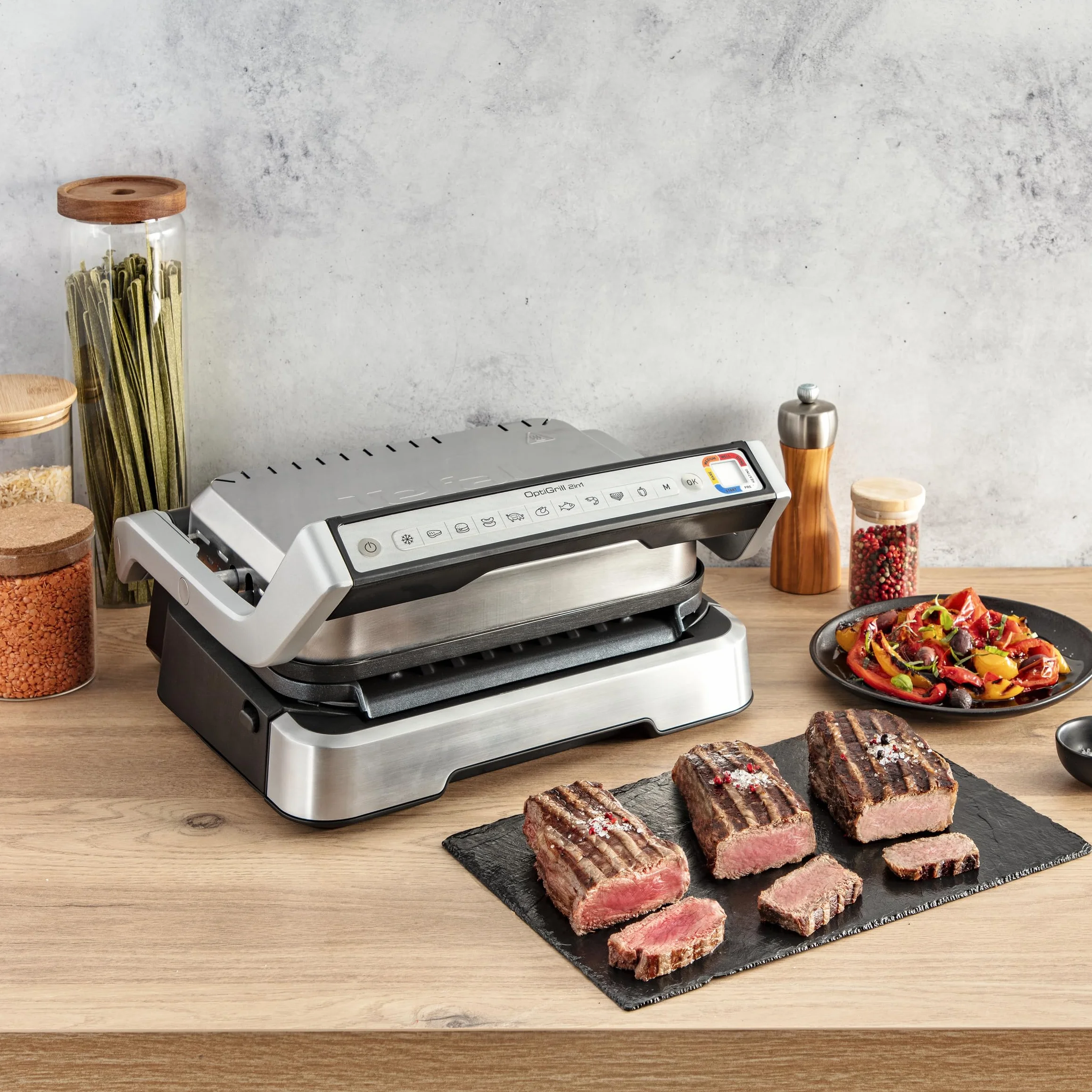 TEFAL GC773D OptiGrill 2w1 Grill Kontaktowy, Składany, Grill Stołowy, 9 Programów, Wskaźnik Poziomu Gotowania, Szczypce, Zdejmowane Płyty