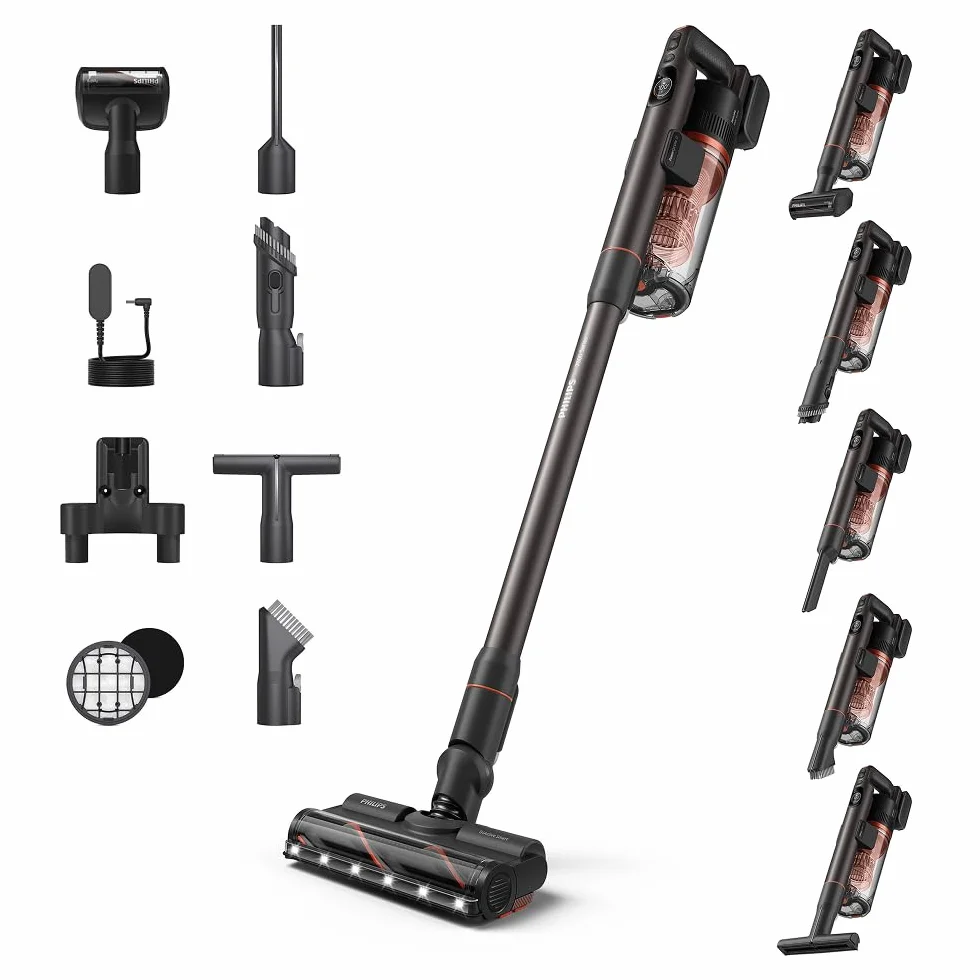 Philips SpeedPro Max Bezprzewodowy Odkurzacz Pionowy 7000 Series, Do Sierści Zwierząt, Mocne Ssanie 360°, Maks. 80 min, Bez Plątania, Do Dywanów i Twardych Podłóg, 4 Narzędzia LED (XC7065/01)
