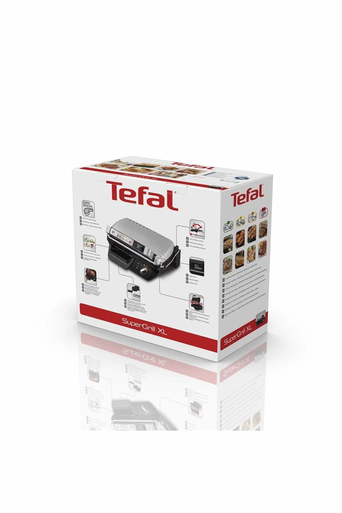 TEFAL GC461B SUPERGRILL XL grill elektryczny z timerem, 4-pozycyjny termostat, Cyfrowy timer, tryb MAX do mocnego obsmażania, moc 2400 W, powierzchnia grillowania XXL, duża tacka ociekowa, srebrny