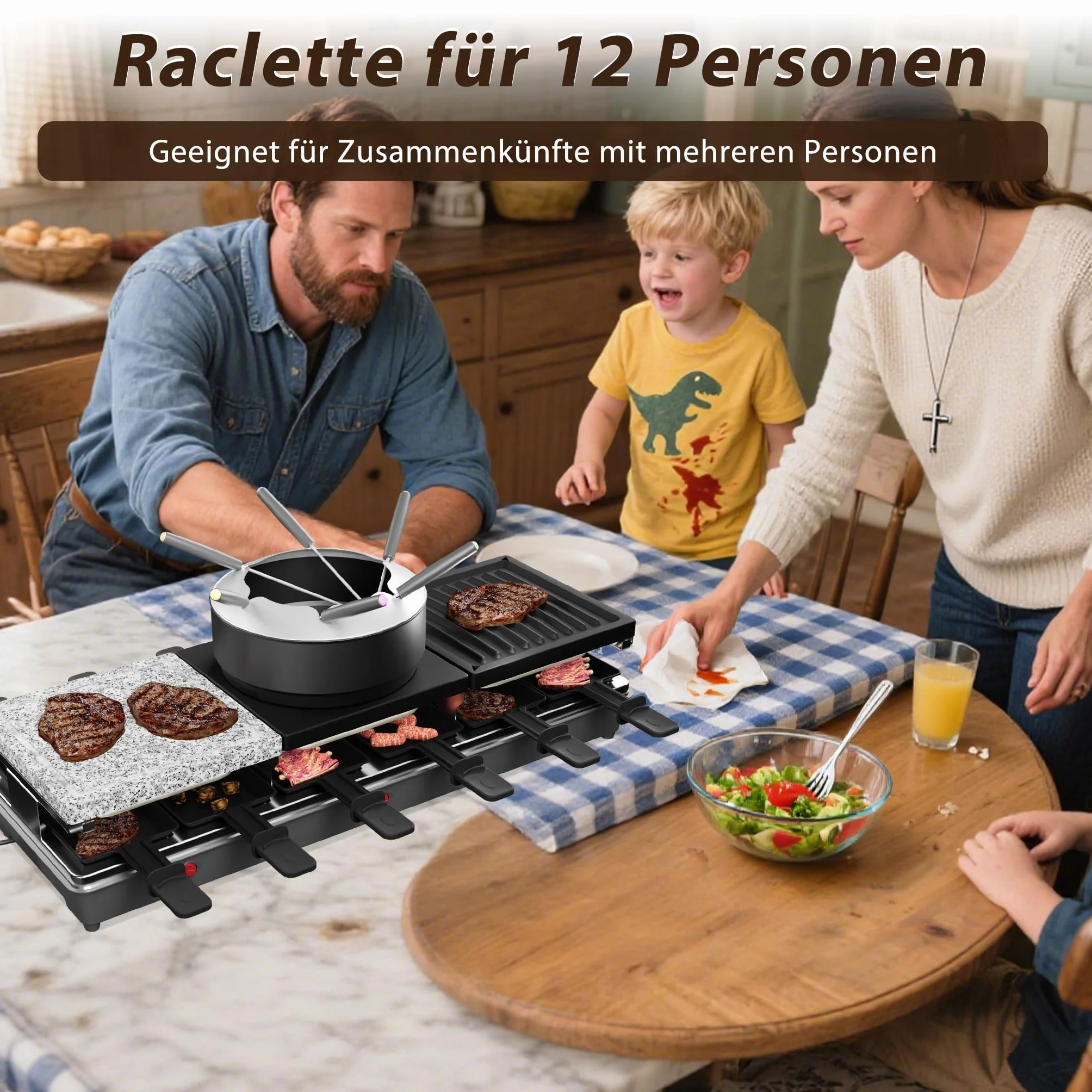 UISEBRT Grill do raclette dla 12 osób 3 w 1 z patelniami, zestawem do fondue, gorącym kamieniem, płyta grillowa z powłoką zapobiegającą