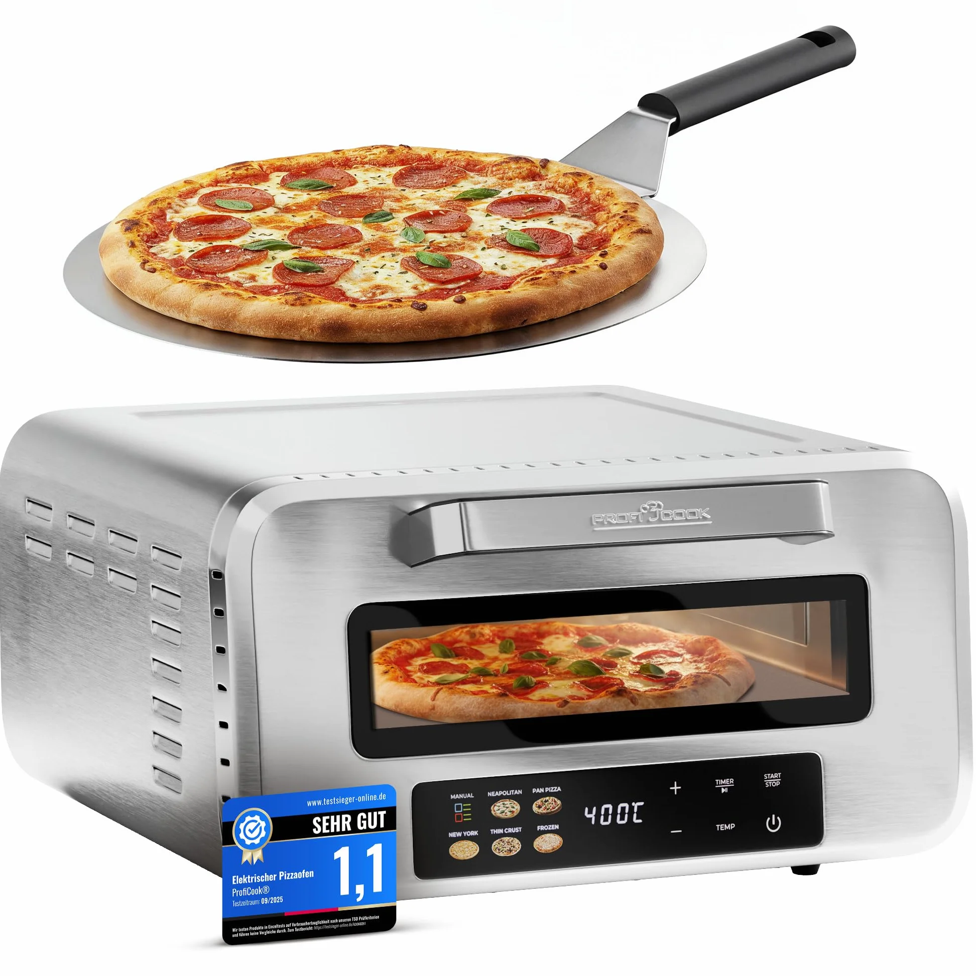 ProfiCook elektryczny piec do pizzy | 400°C | prawdziwy kamień do pizzy | w zestawie łopatka do pizzy | zmienny czas i regulacja temperatury | piec do pizzy | do pizzy w czasie poniżej 5 min. | PC PO