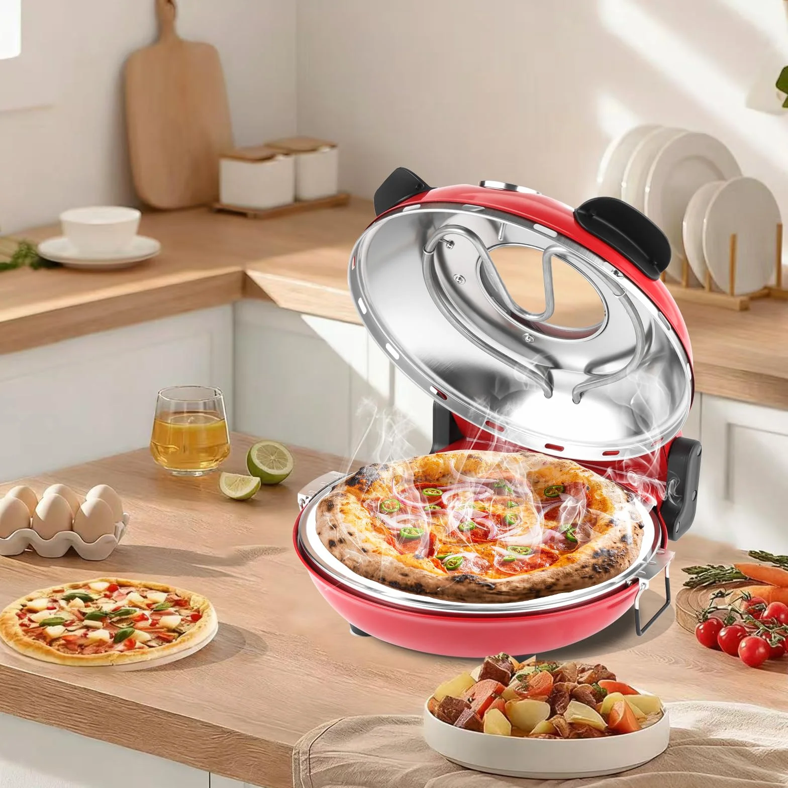 Klaif Elektryczny Piec do Pizzy, Termometr Widoczny & Szklane Okno, Ekspresowa 4-minutowa Piec do Pizzy z Kamieniem Ceramicznym 31cm, 5 Ustawień Temperatury (max 420°C), 1200W, LM-Czerwony