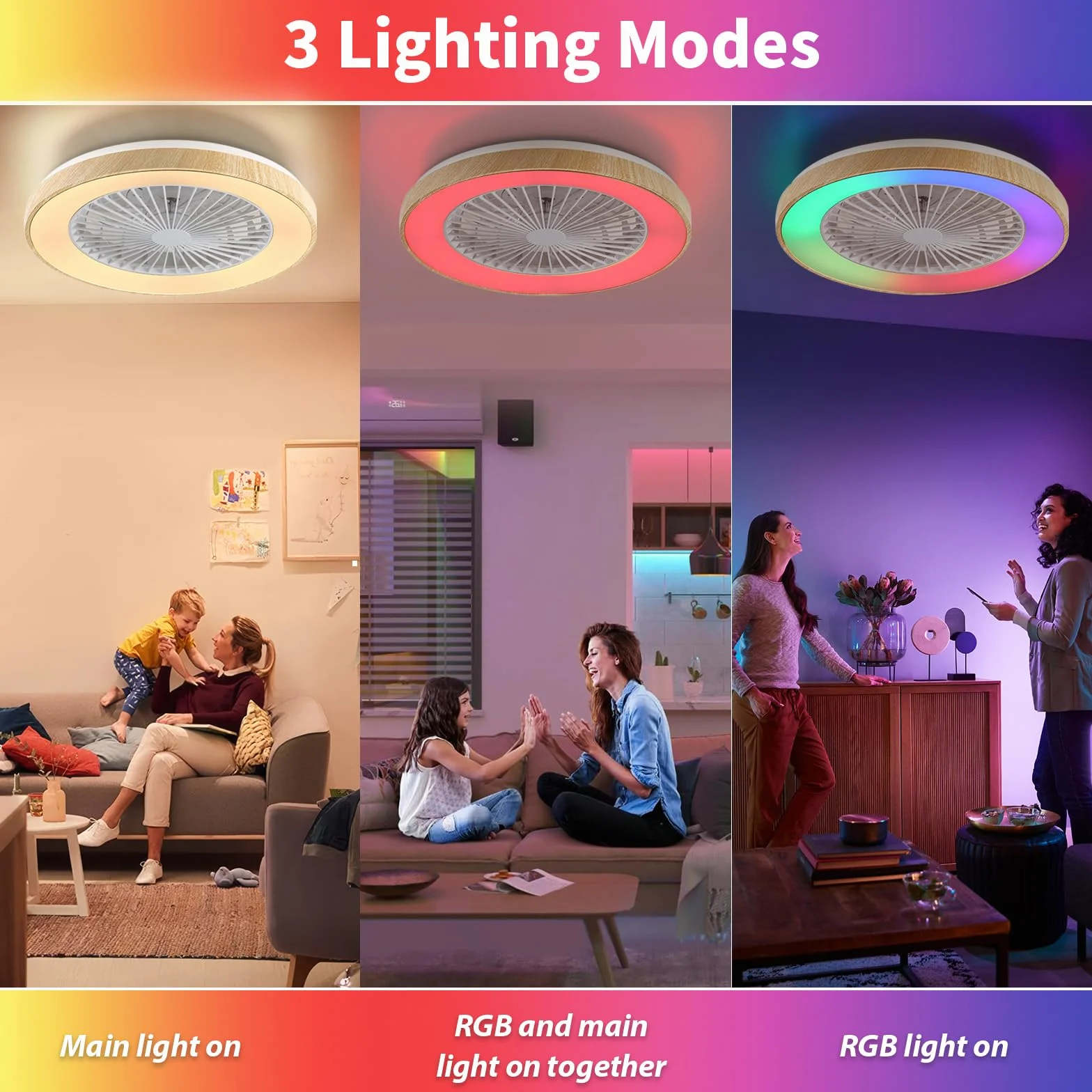 Wentylator sufitowy z oświetleniem do sypialni, Ø 48 cm, cichy silnik DC 20 W, pilot zdalnego sterowania, 6-biegowy, nowoczesna lampa sufitowa LED 40 W z wentylatorem, RGB, możliwość ściemniania, 3000