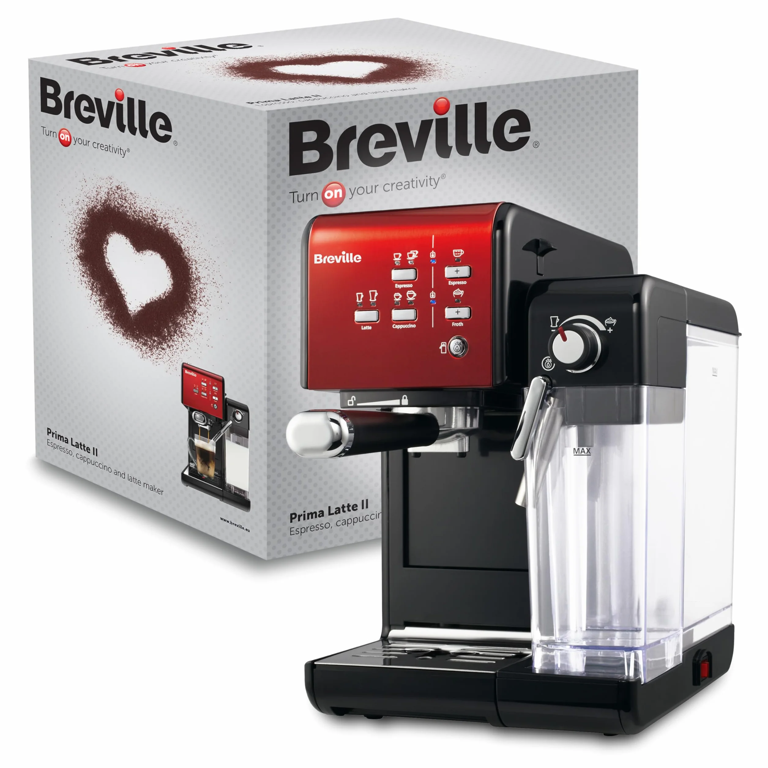 Breville Ekspres do kawy Kolbowy PrimaLatte II VCF109X, 19 Bar, Zintegrowany automatyczny spieniacz do mleka, wyjmowany pojemnik na mleko, Czerwony