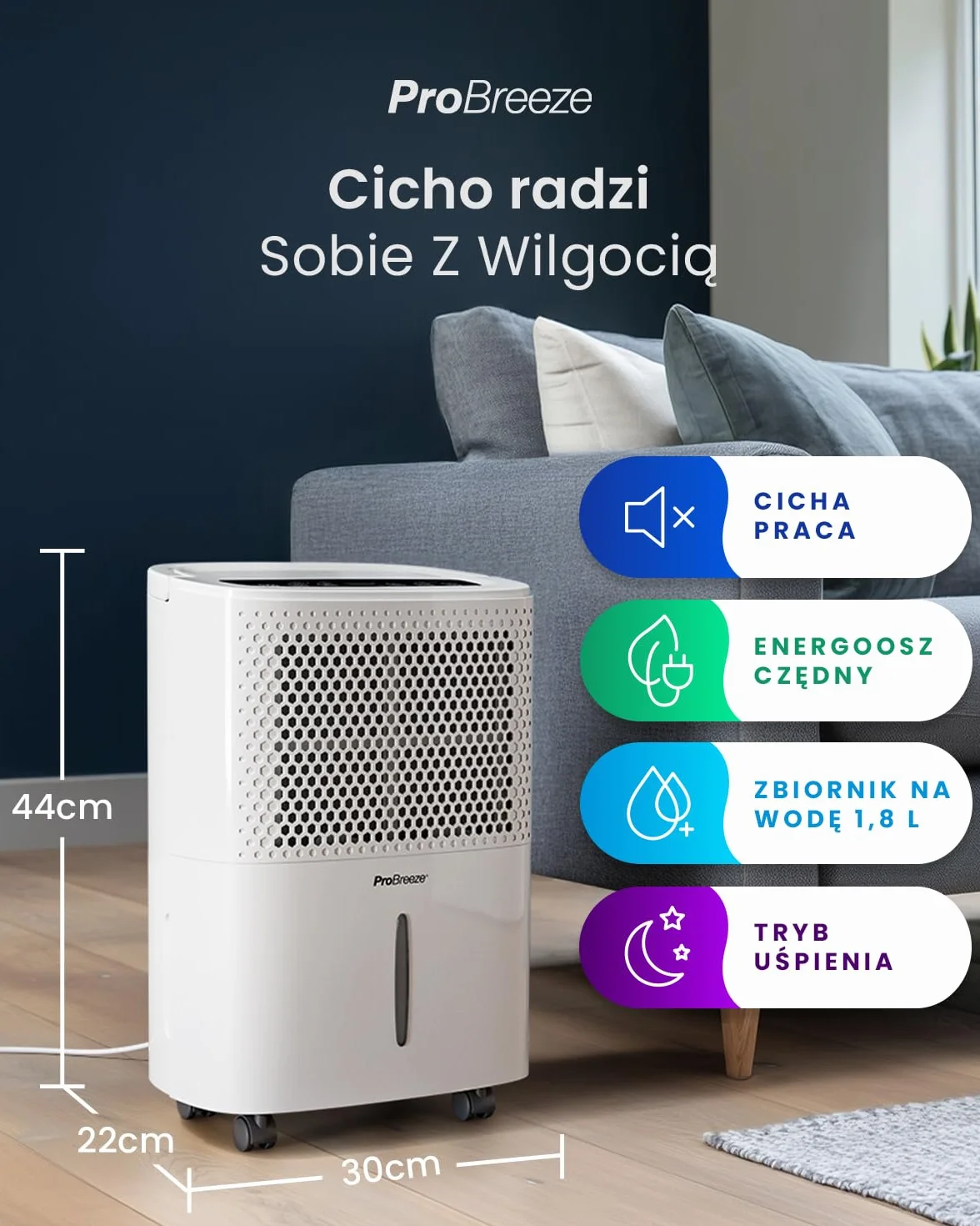 Pro Breeze Osuszacz Powietrza, Elektryczny Pochłaniacz Wilgoci Pleśni Kondensacji, Cichy Odwilżacz do Domu Łazienki Garażu Przyczepy Kempingowej, dla Dzieci Niemowląt, 24h Timer, Duży 1,8l Zbiornik