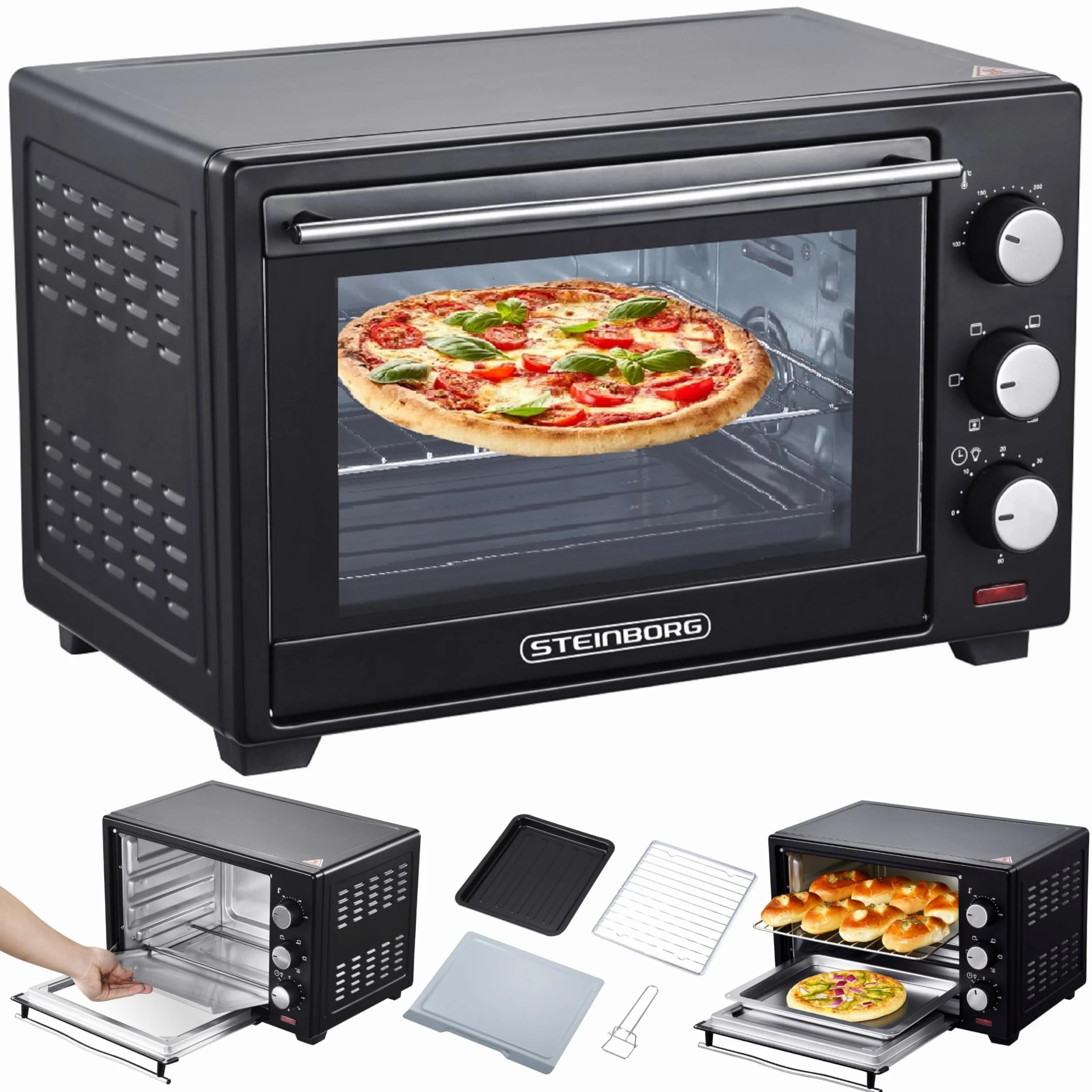 Steinborg Mini Piekarnik 25 Litrów - Piec Do Pizzy 3 w 1, Blacha Na Okruchy, Ogrzewanie Górne/Dolne, Konwekcja, Timer 60 Min, 1600 W, Czarny