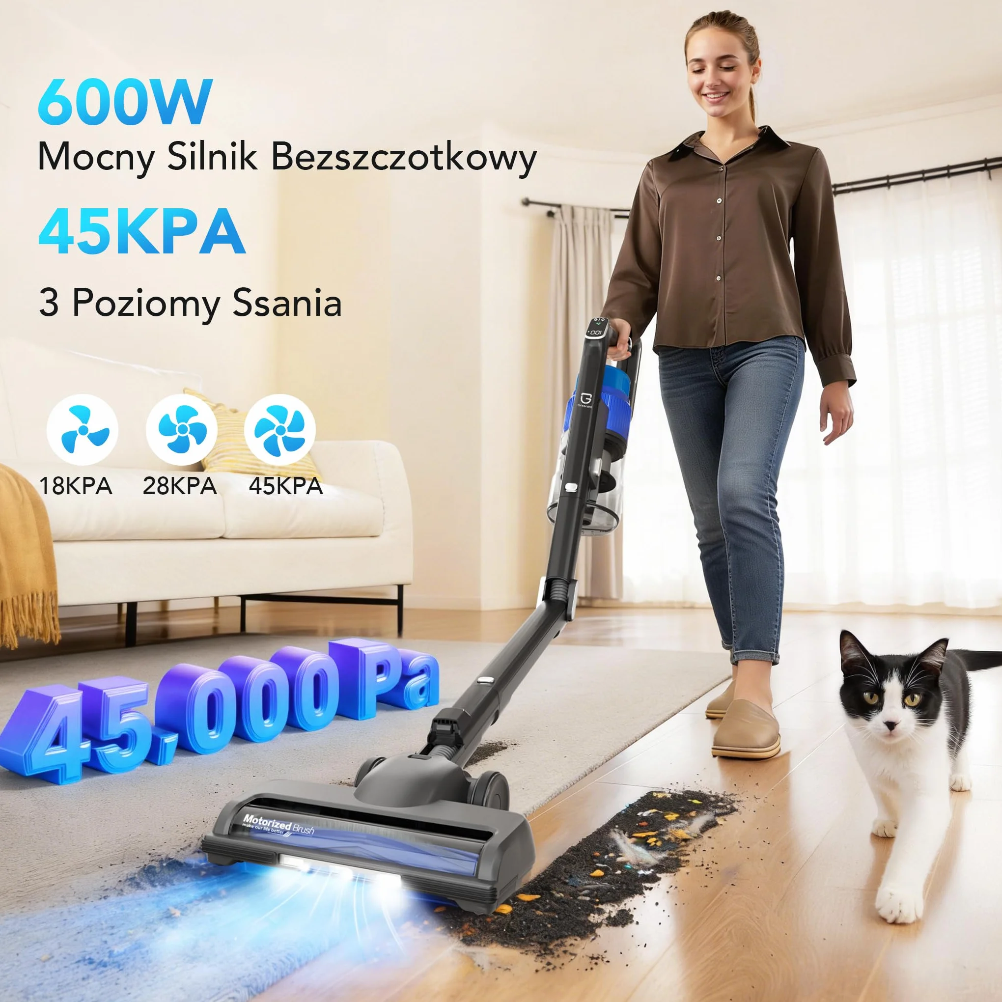 Greenote GSC80 Bezprzewodowy Odkurzacz Pionowy 45KPa 600W 60 Min Składana Rura