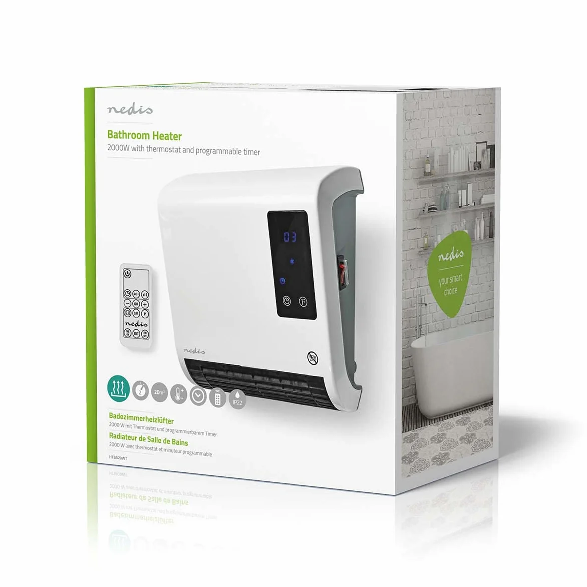 Grzejnik łazienkowy 2000 W z termostatem, 2 tryby, IP22, pilot, biały