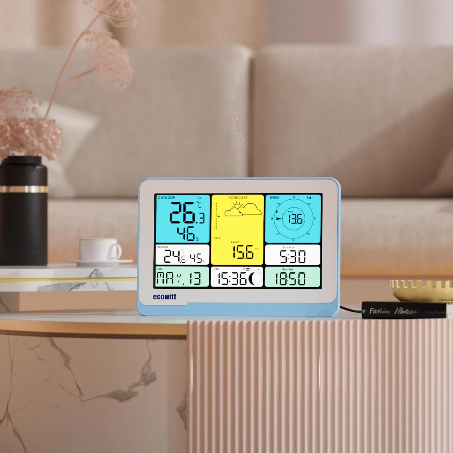 ECOWITT WS3820_C konsola do stacji pogodowej, 7,5" kolorowy wyświetlacz LCD w domu, zintegrowane czujniki wewnętrzne 3 w 1, para z WS69/WS90/WS85, inteligentne sterowanie łącznością IoT