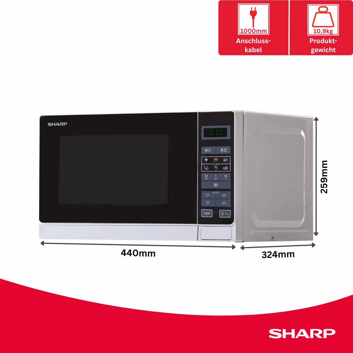 Sharp R-242 INW Mikrofalówka 20L, sterowanie dotykowe, 800W, 800 W, 20 litrów, Acier