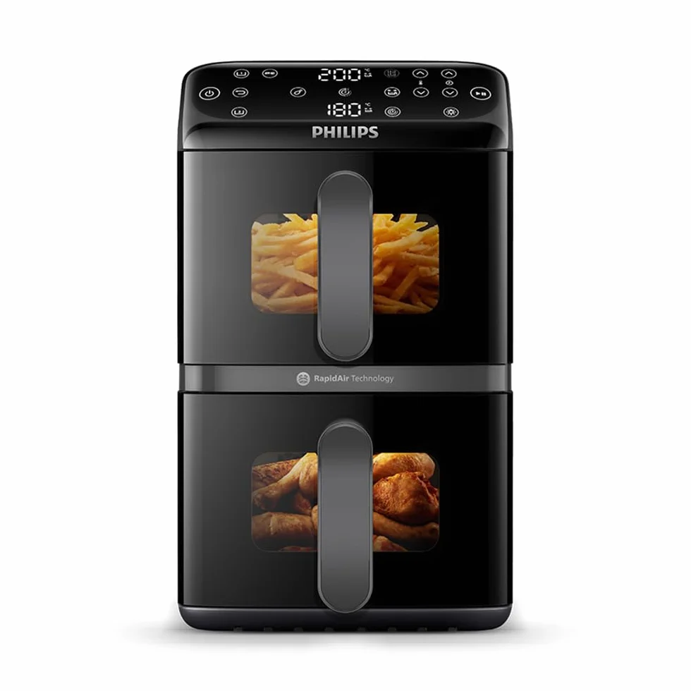 Philips Ovi z serii 4000 z podwójnym koszem 10L – Technologia RapidAir, Synchronizacja, 2 posiłki jednocześnie, 45% mniej miejsca na blacie, Powłoka ceramiczna bez PFAS, Okienka podglądu (NA460/00)
