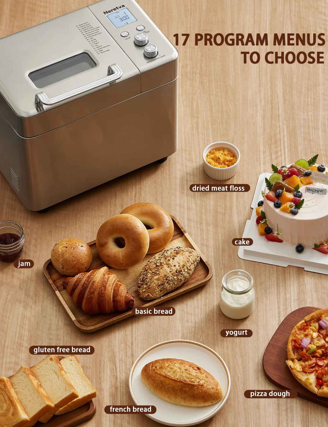 Neretva Automat do pieczenia chleba, 17 programów, 1 kg, automatyczny dozownik, powłoka nieprzywierająca, timer 15 h, utrzymanie ciepła 1 h