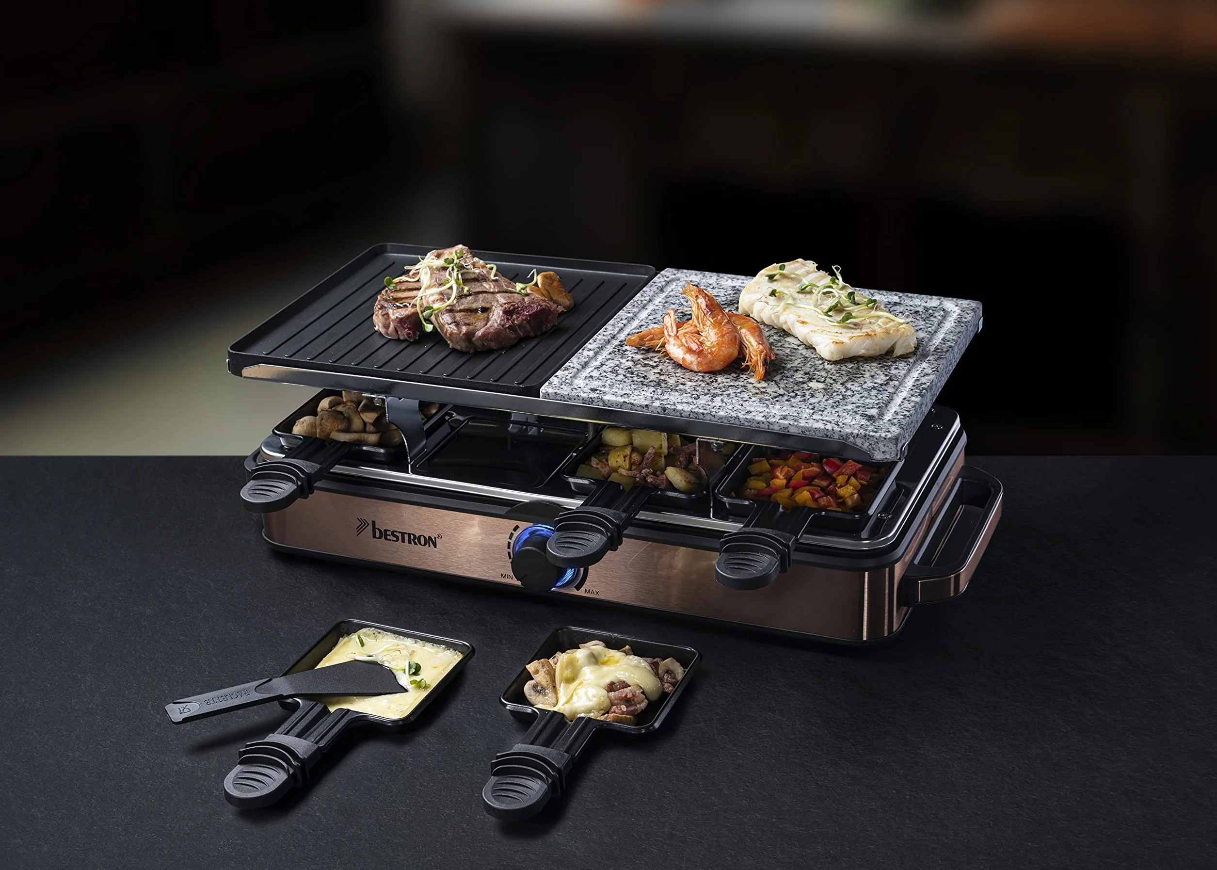 Bestron Grill imprezowy 2 w 1 elektryczny raclette dla 8 osób, naturalny kamień, płyta grillowa z powłoką nieprzywierającą, 8 patelni