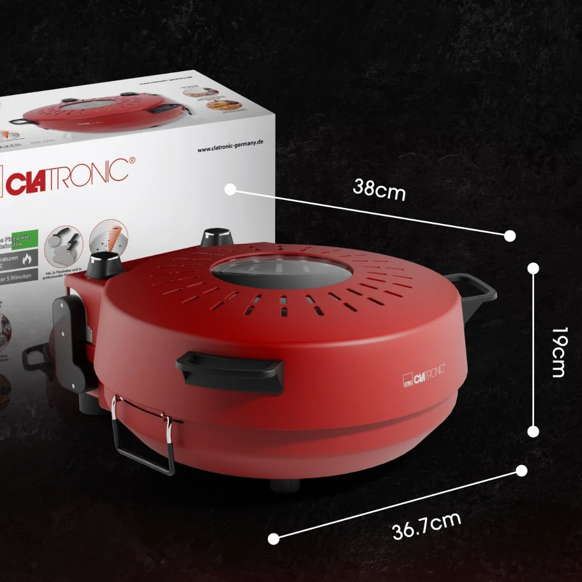 Clatronic® piec do pizzy | 350°C p. włoska pizza z kamienia w domu | elektryczny | również do mrożonej pizzy | pizza w mniej niż 5 min. | kamień do pizzy Ø32 cm i akcesoria w zestawie | PM 3787