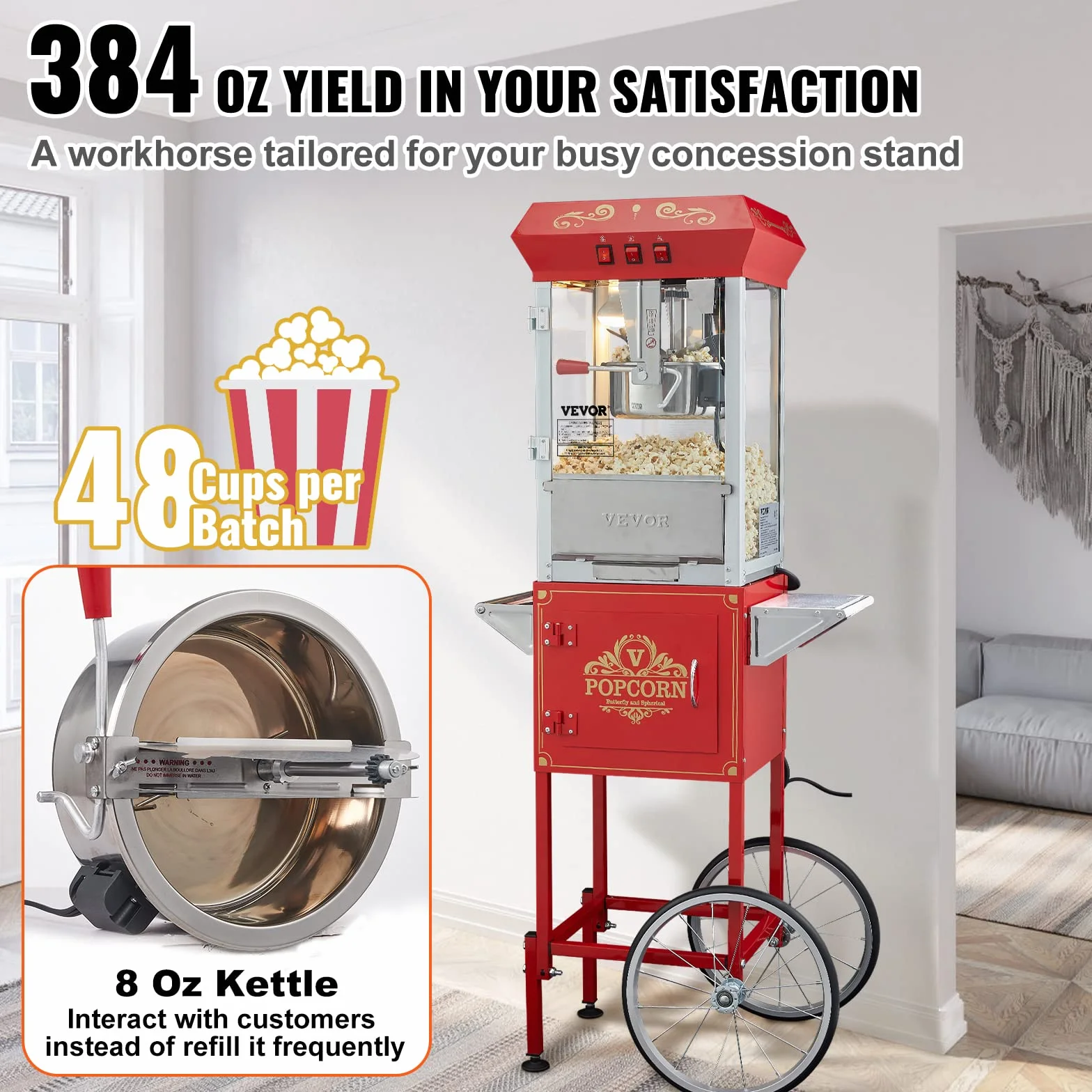 VEVOR Maszyna do popcornu z wózkiem 850 W, czajnik elektryczny 0,22 kg, 48 filiżanek, szkło hartowane