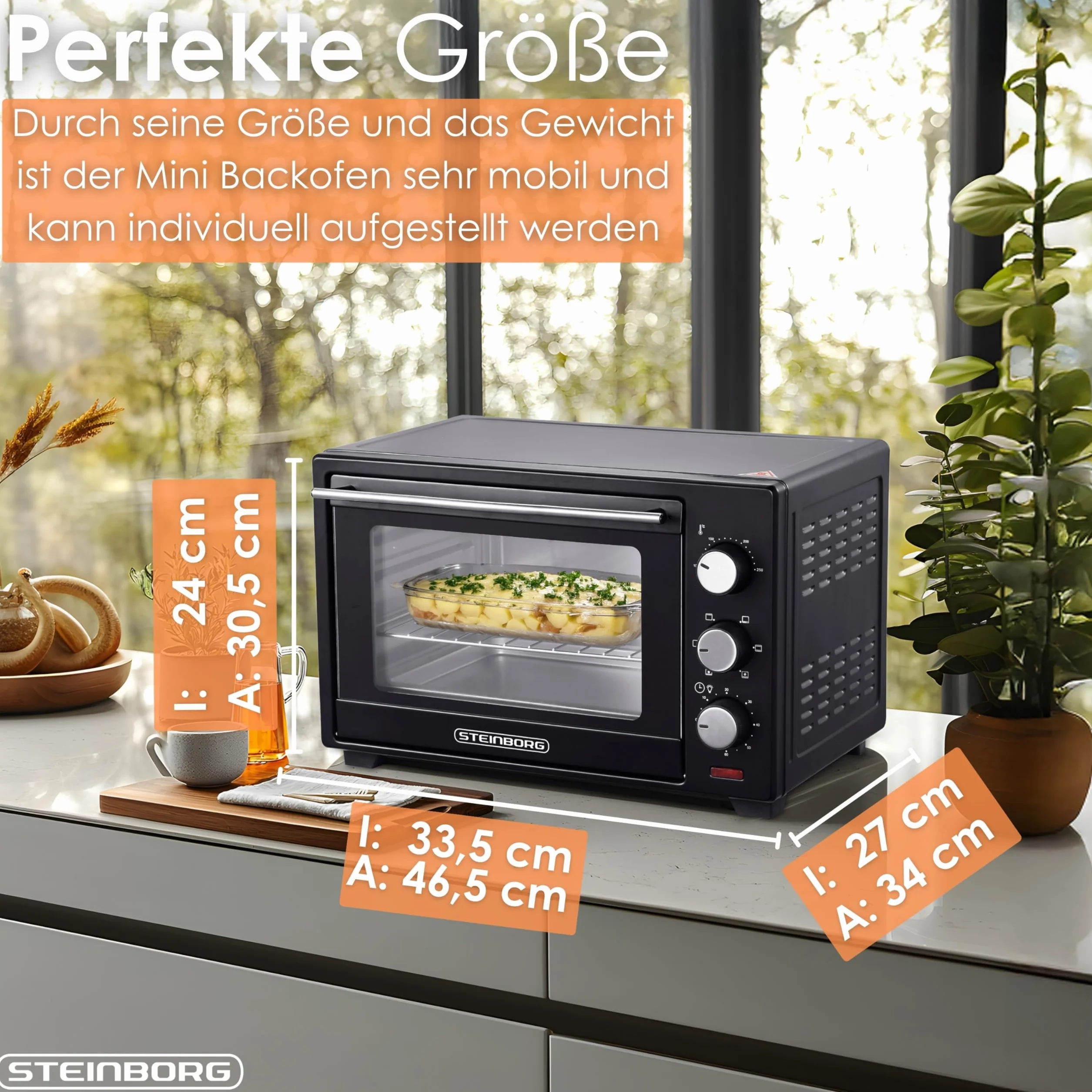 Steinborg Mini Piekarnik 25 Litrów - Piec Do Pizzy 3 w 1, Blacha Na Okruchy, Ogrzewanie Górne/Dolne, Konwekcja, Timer 60 Min, 1600 W, Czarny