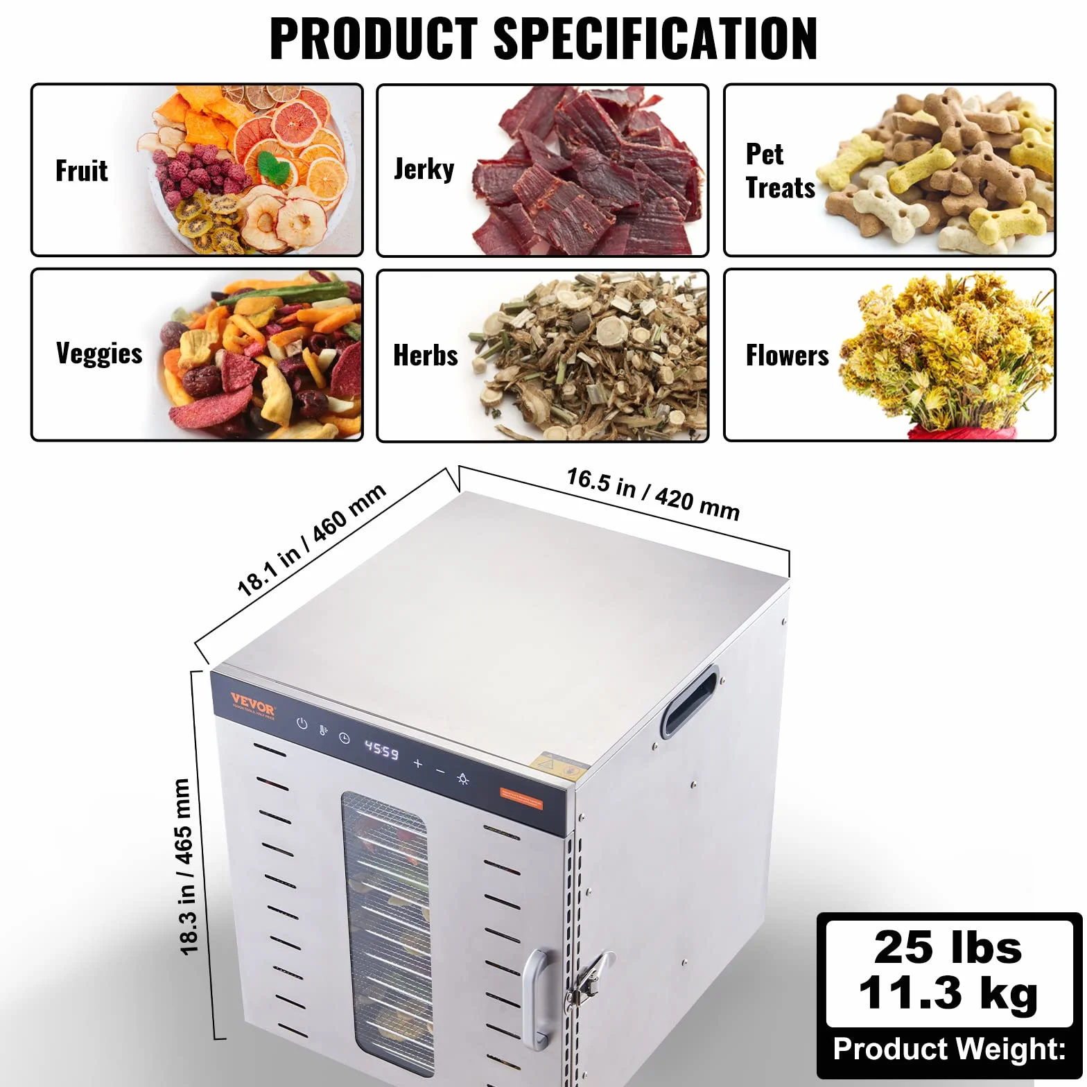 VEVOR Maszyna do odwadniania żywności 10 tacek ze stali nierdzewnej 1000 W Regulowana temperatura 30-90 °C Timer 0,5-48 h