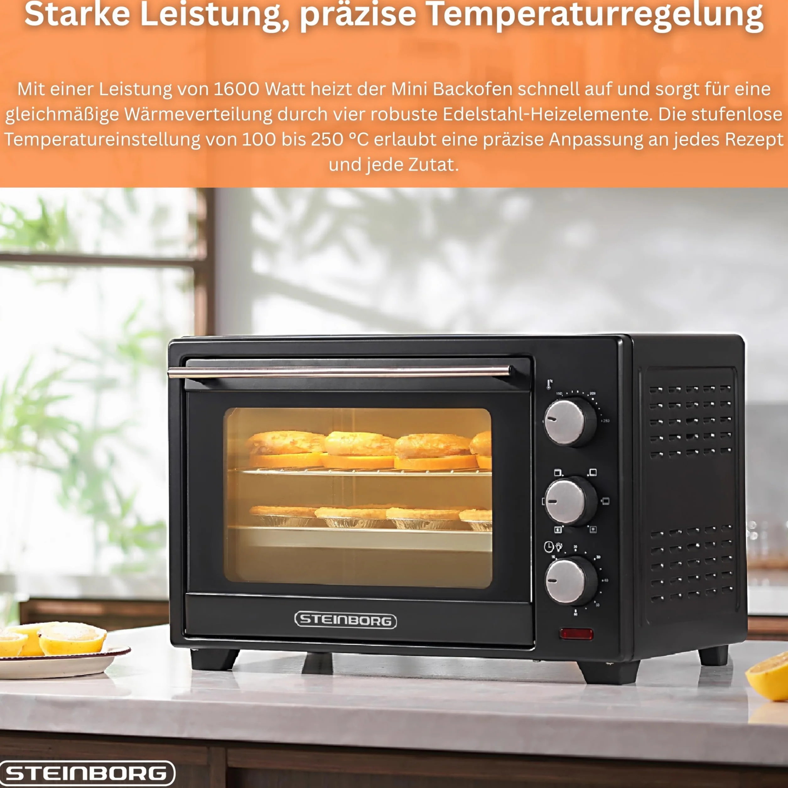 Steinborg Mini Piekarnik 25 Litrów - Piec Do Pizzy 3 w 1, Blacha Na Okruchy, Ogrzewanie Górne/Dolne, Konwekcja, Timer 60 Min, 1600 W, Czarny