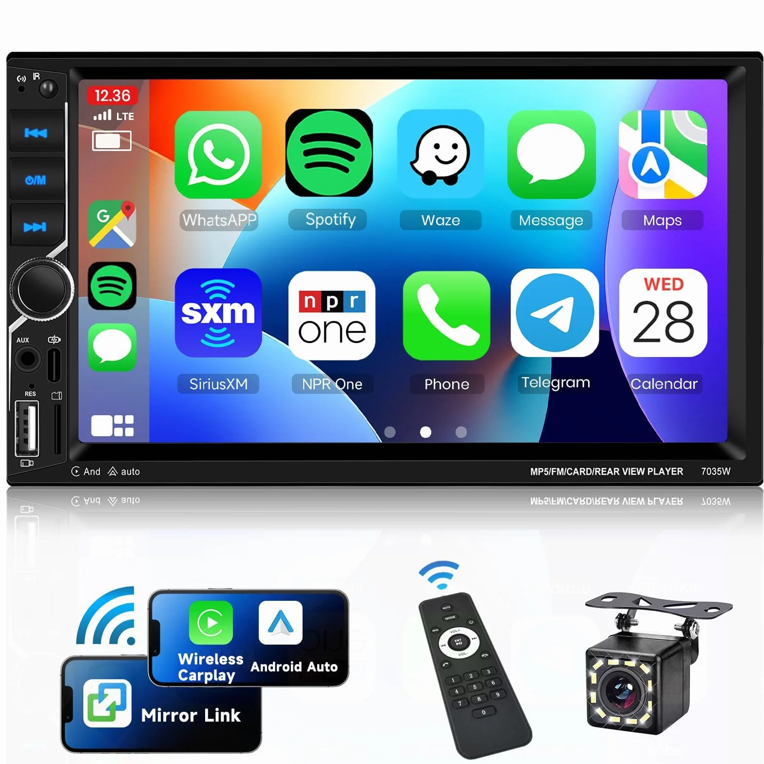VECHTEL Radio samochodowe 2 DIN z bezprzewodowym Carplay Android Auto, 7-calowy ekran dotykowy, radio samochodowe Bluetooth, radio FM, Typ-C/USB/TF/AUX, MirrorLink, kamera cofania, sterowanie zdalne
