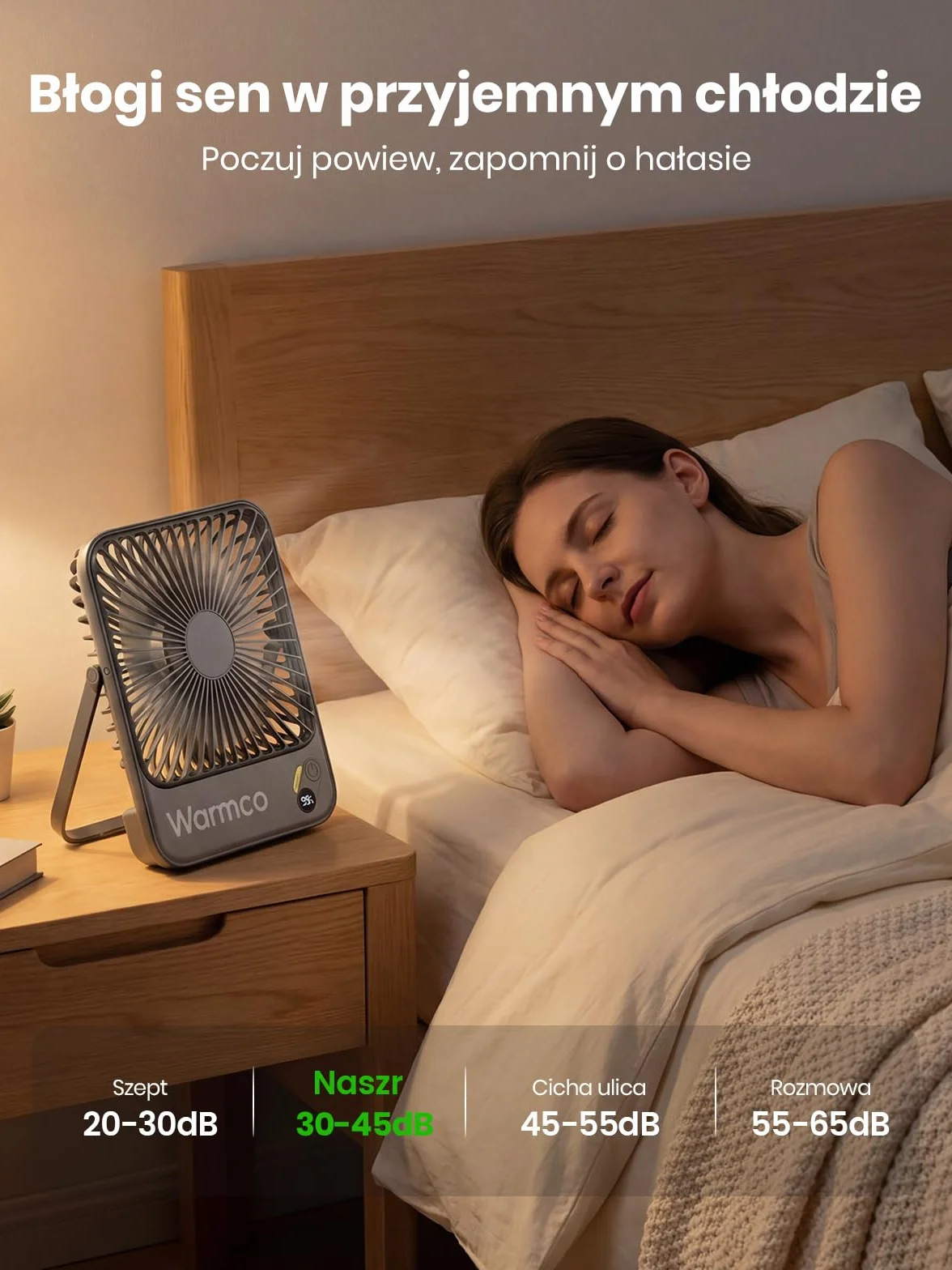 Warmco Wentylator Przenośny 10000mAh Wysokość 21 cm, Max 24h Pracy, Cichy Akumulatorowy Wiatrak Biurkowy z Wyświetlaczem Cyfrowym do Kempingu, Biura, Sypialni