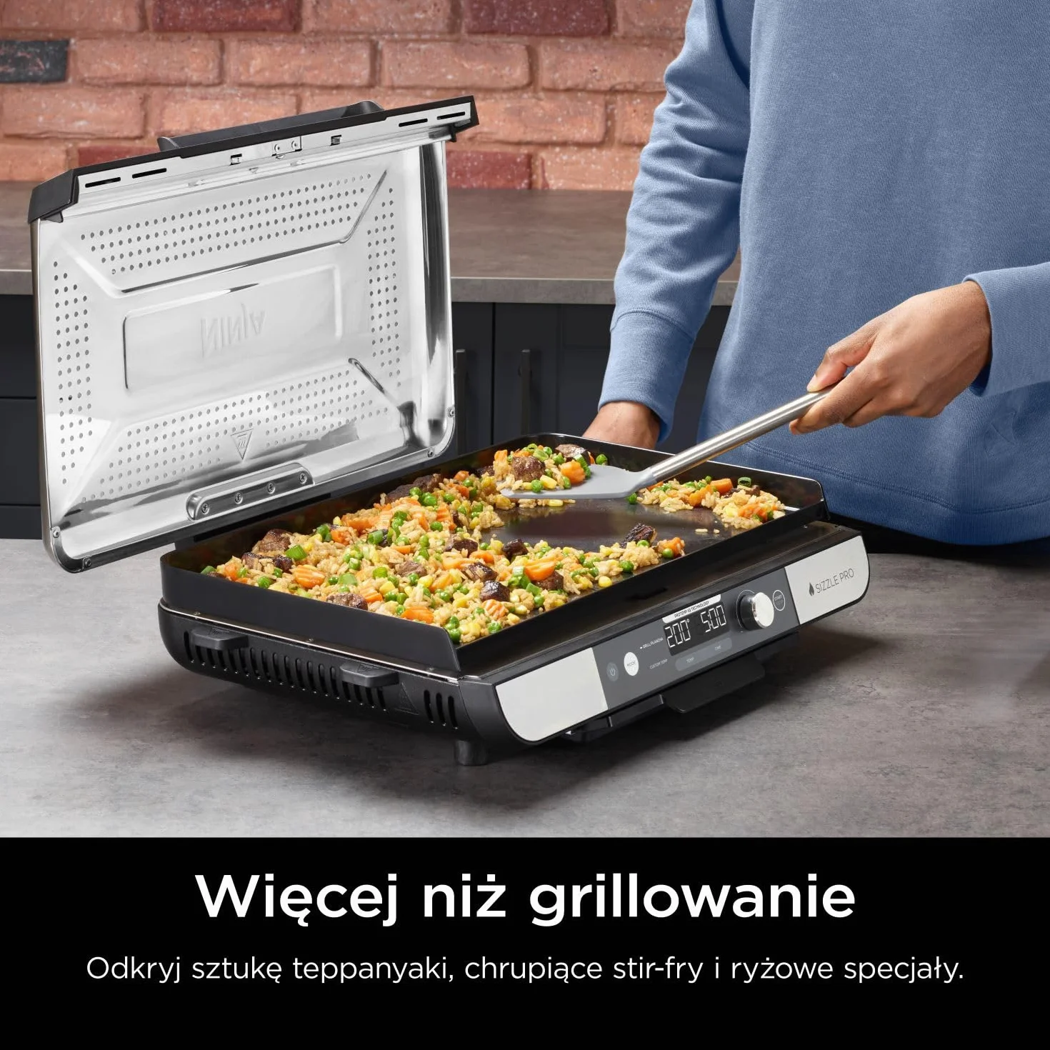 Ninja Sizzle Pro XL Grill z płytą płaską ma płytę grillową z nieprzywierającą powłoką ceramiczną i płaską płytę górną, zdejmowaną pokrywę, tackę na tłuszcz i książkę kucharską, srebrny/czarny GX101EU