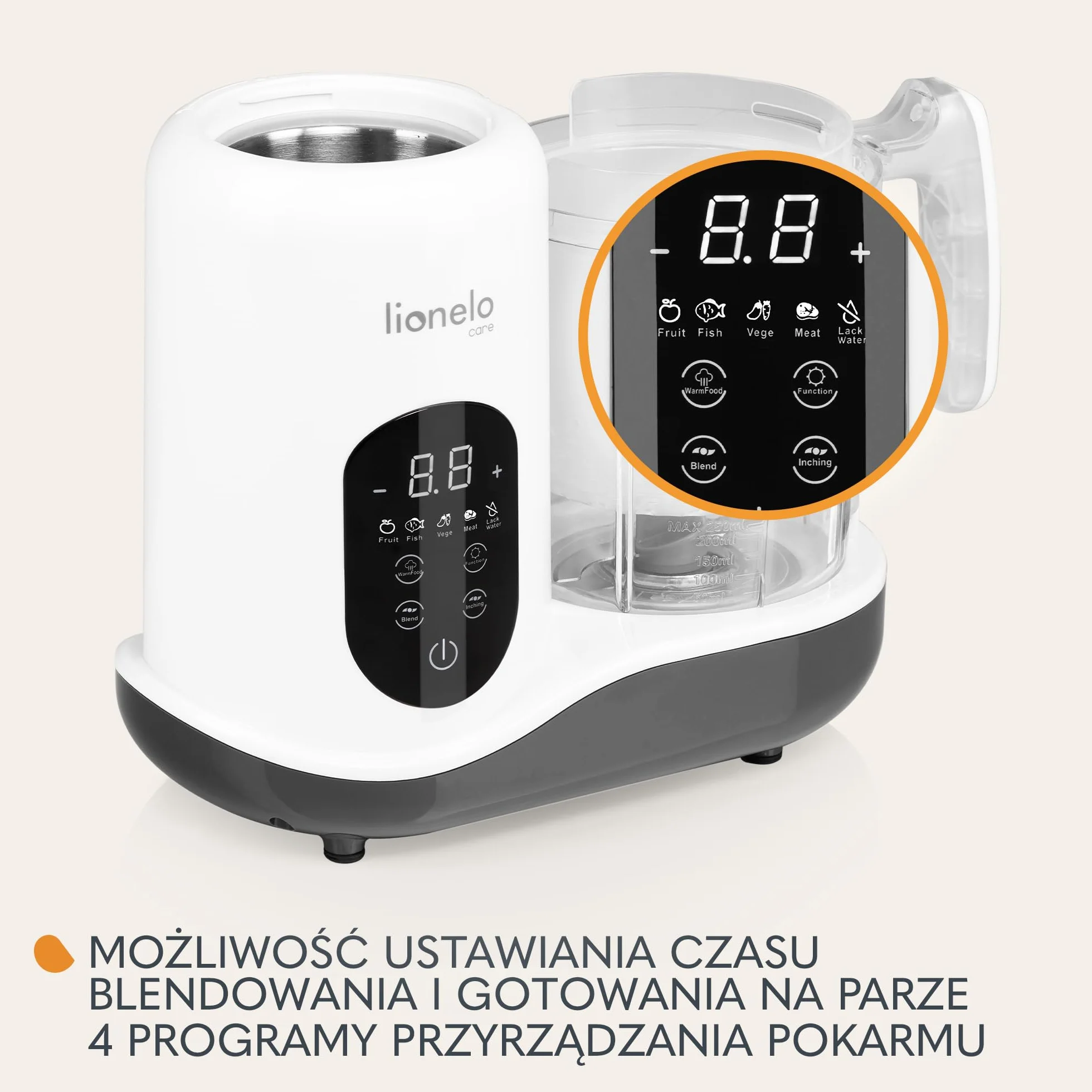 LIONELO BABYMENU Wielofunkcyjny Robot Kuchenny dla Niemowląt 300 4 Programy Gotowanie na Parze Blendowanie Podgrzewanie Rozmrażanie