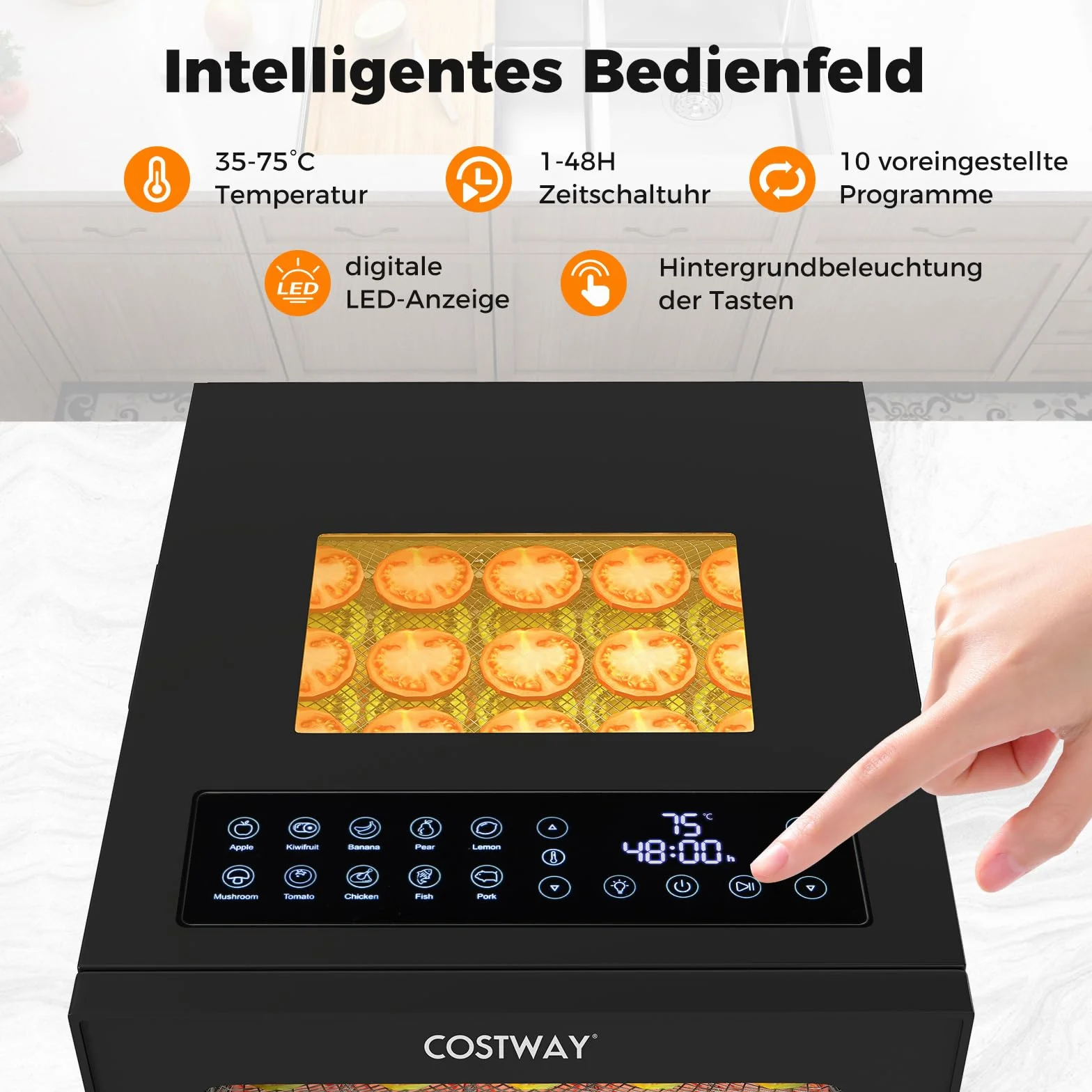 COSTWAY Suszarka 850 W, w zestawie 10 misek ze stali nierdzewnej, urządzenie do suszenia z 10 wstępnie ustawionymi programami, timer 48 h i temperatura 30-75°C, suszarka do żywności do owoców, warzyw