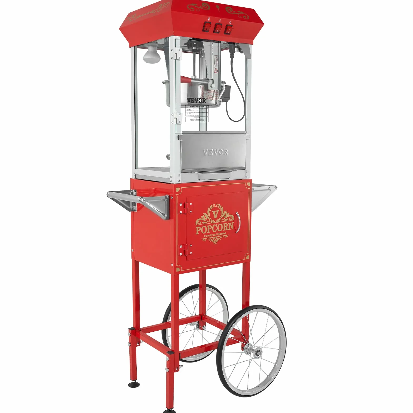 VEVOR Maszyna do popcornu z wózkiem 850 W, czajnik elektryczny 0,22 kg, 48 filiżanek, szkło hartowane
