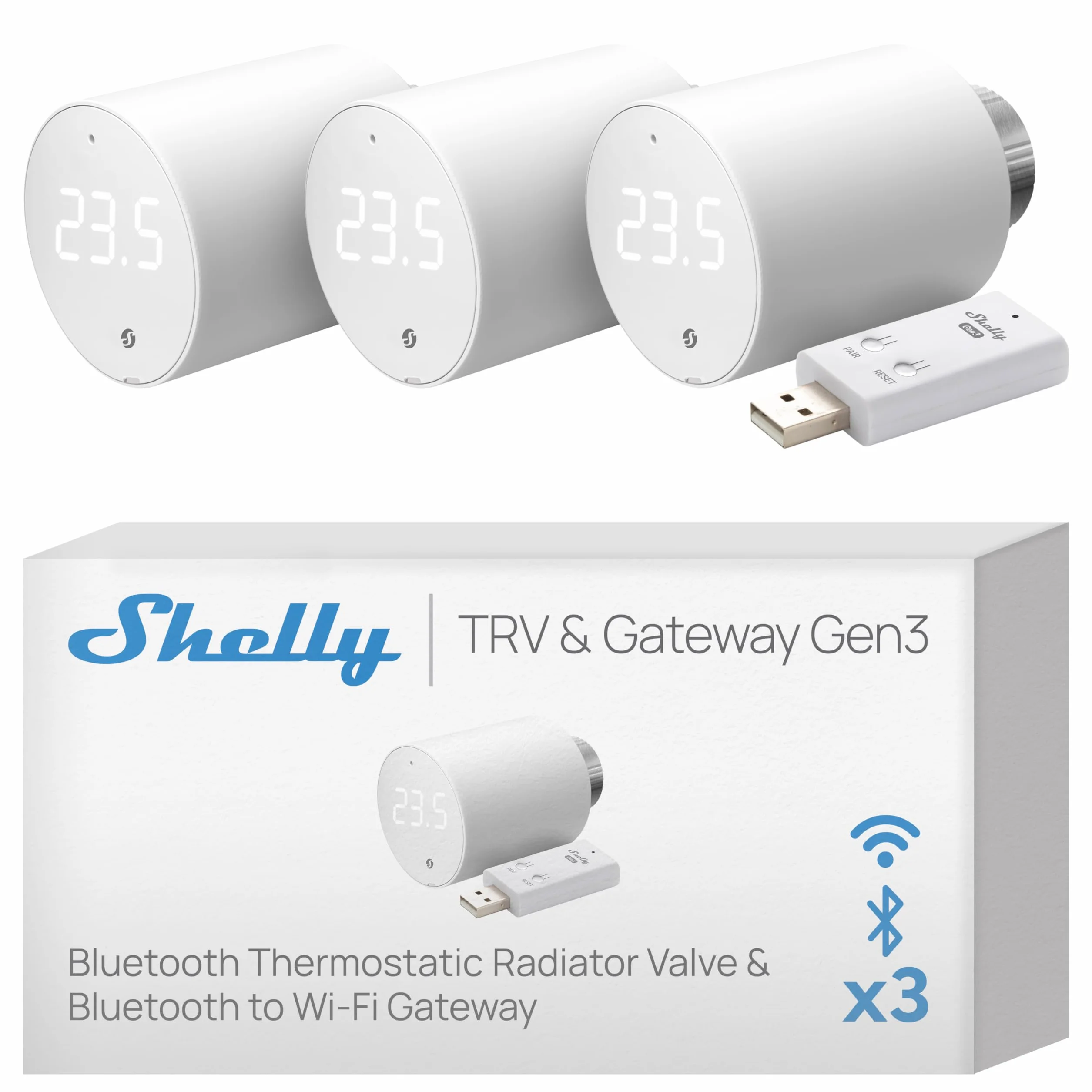 Shelly Blu TRV Gateway Gen3 Zestaw 3 inteligentnych głowic termostatycznych Bluetooth Wi-Fi USB-A sterowanie przez aplikację oszczędność energii obrotowy wyświetlacz