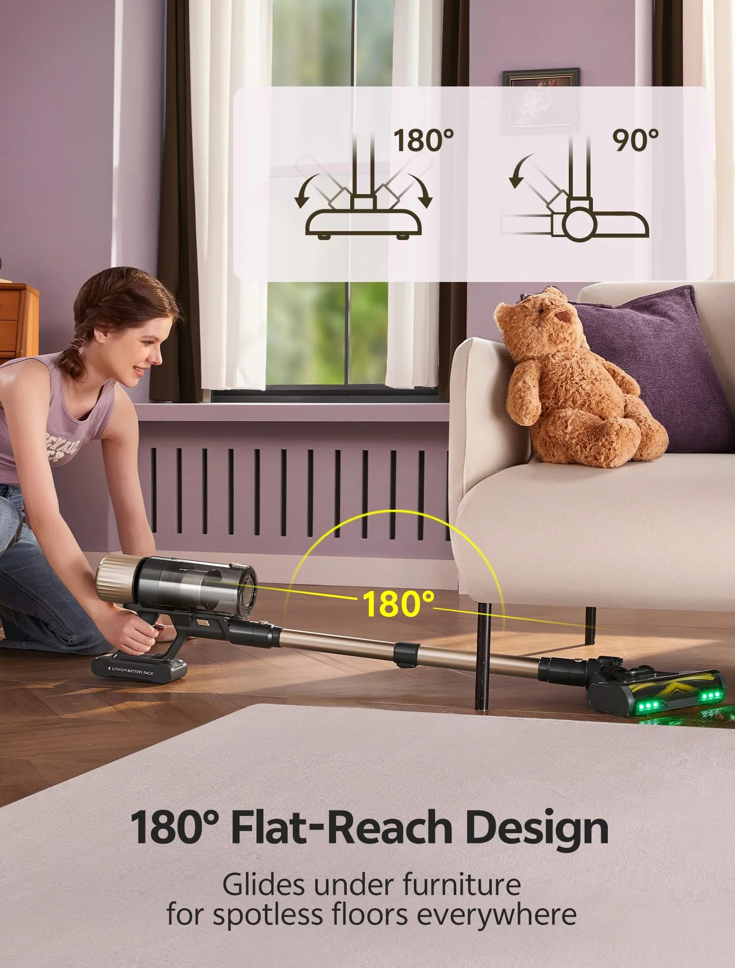 Ultenic Odkurzacz akumulatorowy, 50 000 Pa/580 W/ 65 min, bezprzewodowy odkurzacz z technologią GreenEye, szczotka zapobiegająca plątaniu, rura teleskopowa i wolnostojący, idealny do dywanów, twardych