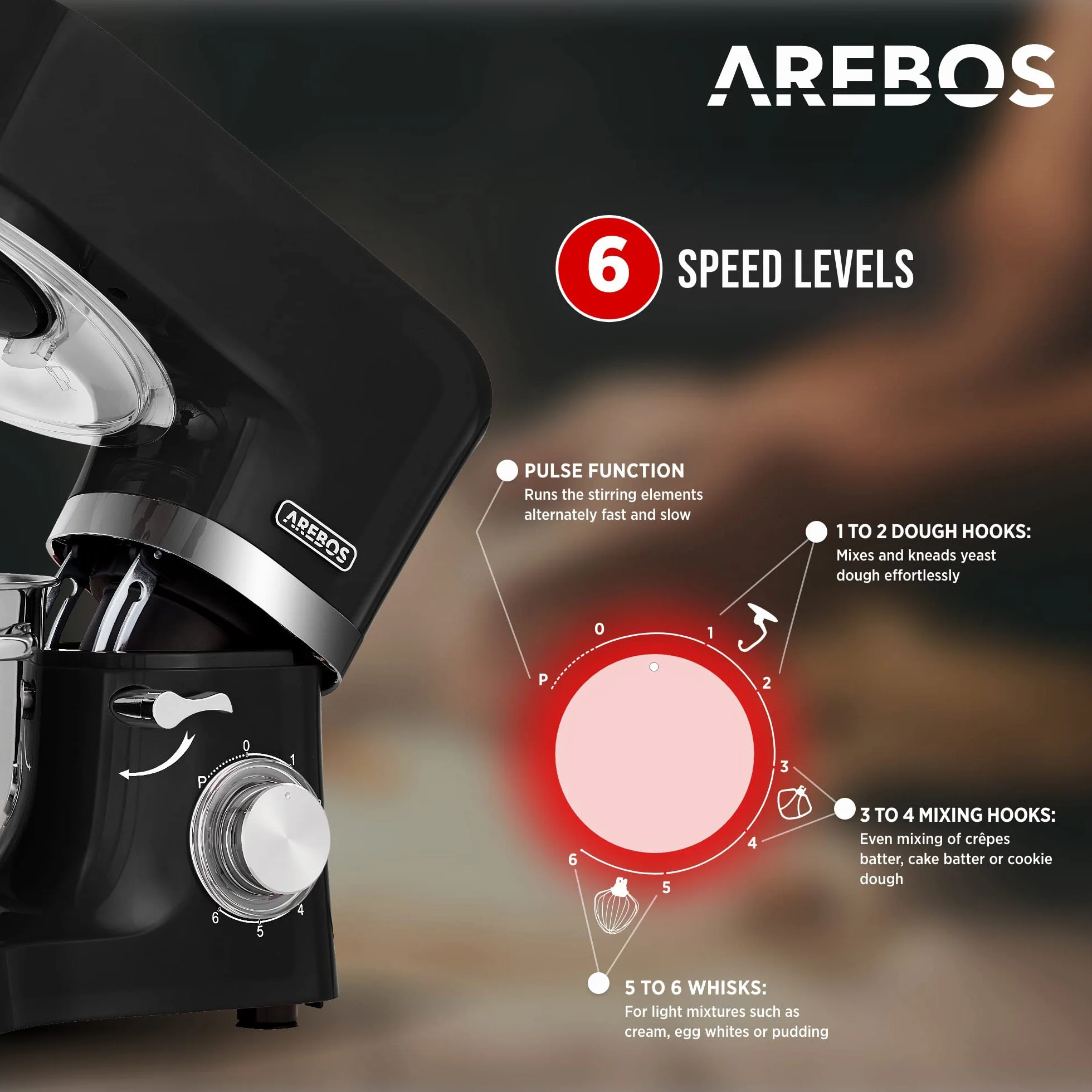 Arebos Profesjonalny robot cukierniczy 1500W | Czarny | Wielofunkcyjny robot kuchenny z trzepaczką, ubijaczką i haczykiem | Z 2 miskami ze stali nierdzewnej | 6 prędkości | Funkcja impulsu