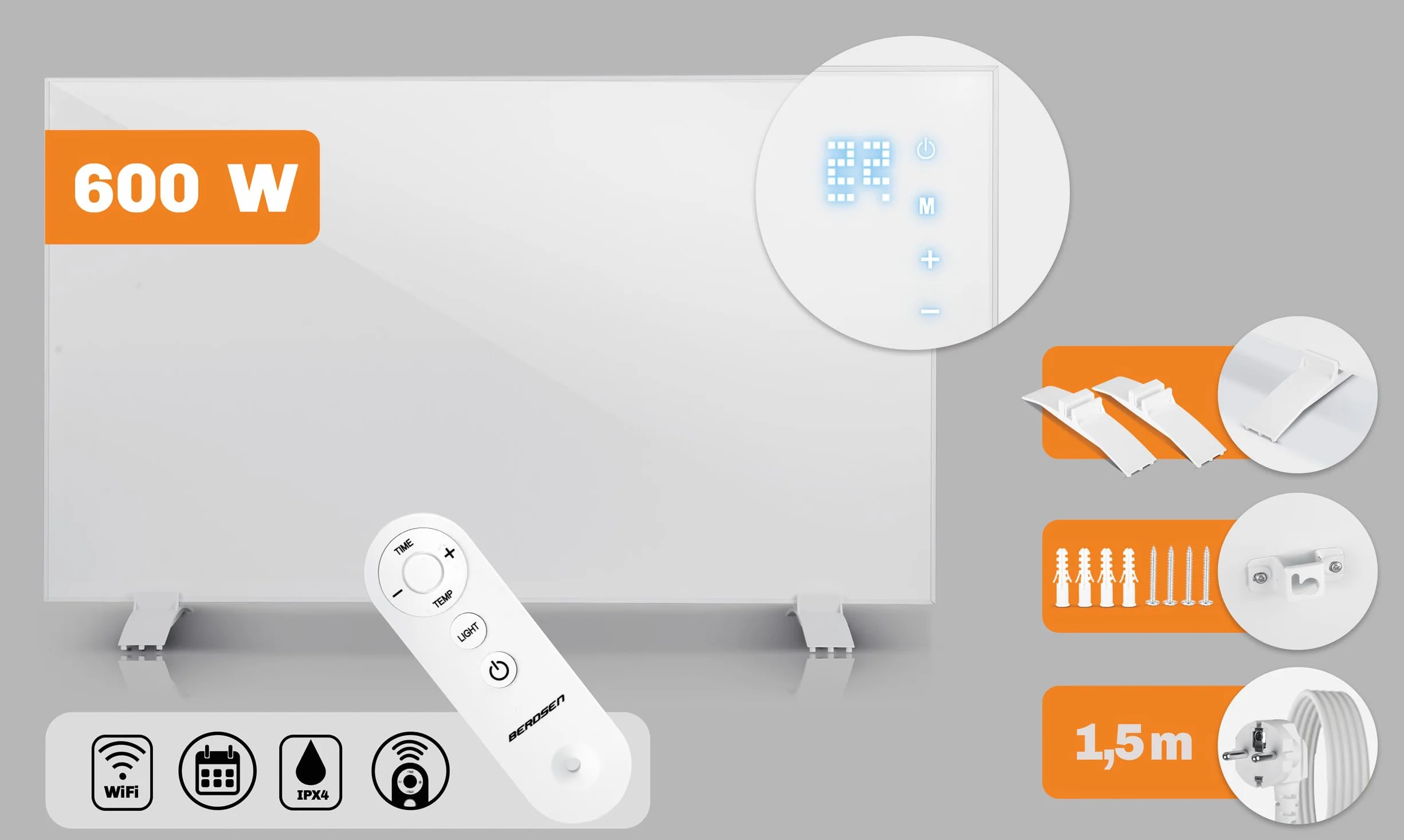 Berdsen Grzejnik na Podczerwień - Panel Grzewczy - 600 W - Szybkie Nagrzewanie - Panel Dotykowy - Pilot WiFi Aplikacja - Timer 1-9 h