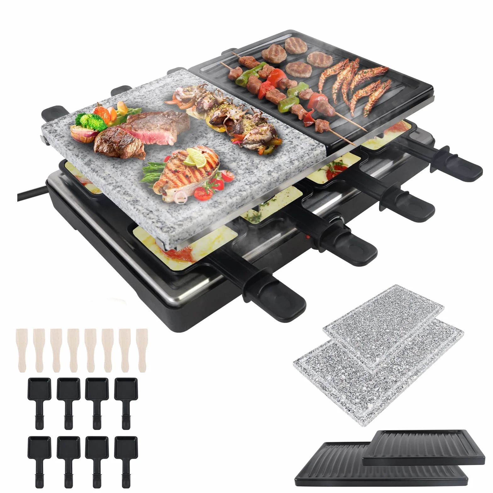 Raclette grill stołowy dla 8 osób, elektryczny, płyta granitowa, zestaw 8 patelenek